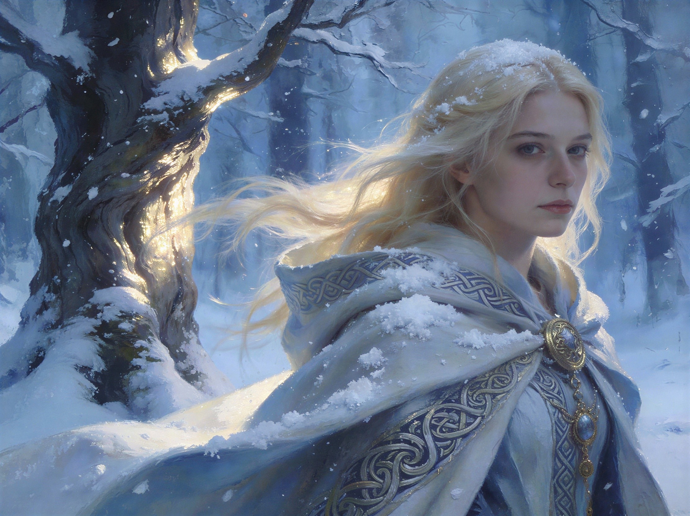 Fantasy Painting of Woman in Snowy Forest Setting