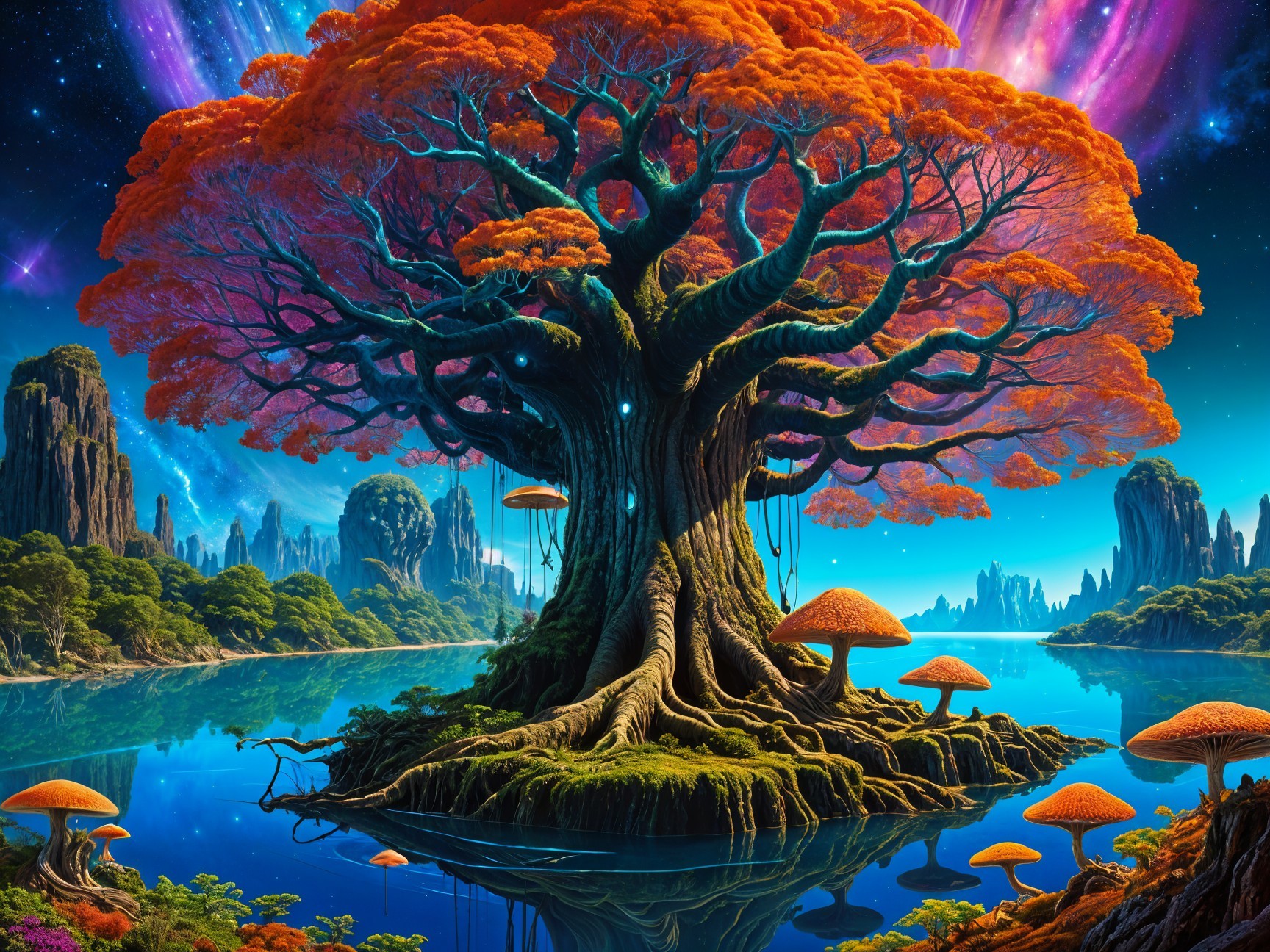 Vibrant Mystical Landscape with Colossal Tree and Mushrooms