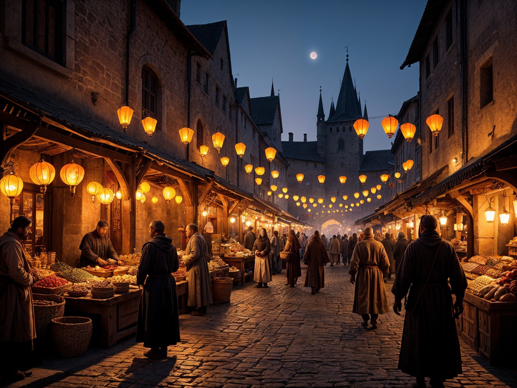 Medieval Marketplace at Twilight with Lanterns and Stalls