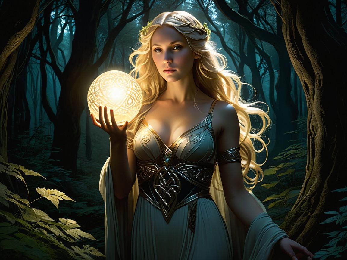 Mystical figure in a dimly lit forest with glowing orb
