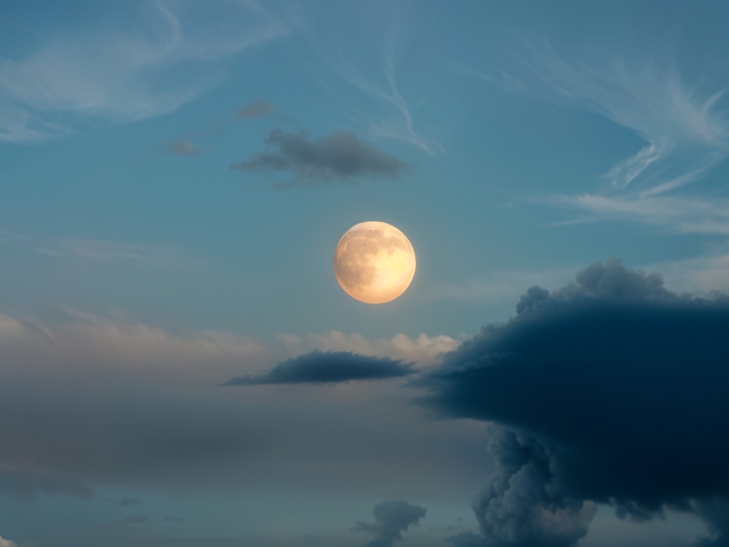 Full Moon Illuminates Serene Sky with Wispy Clouds