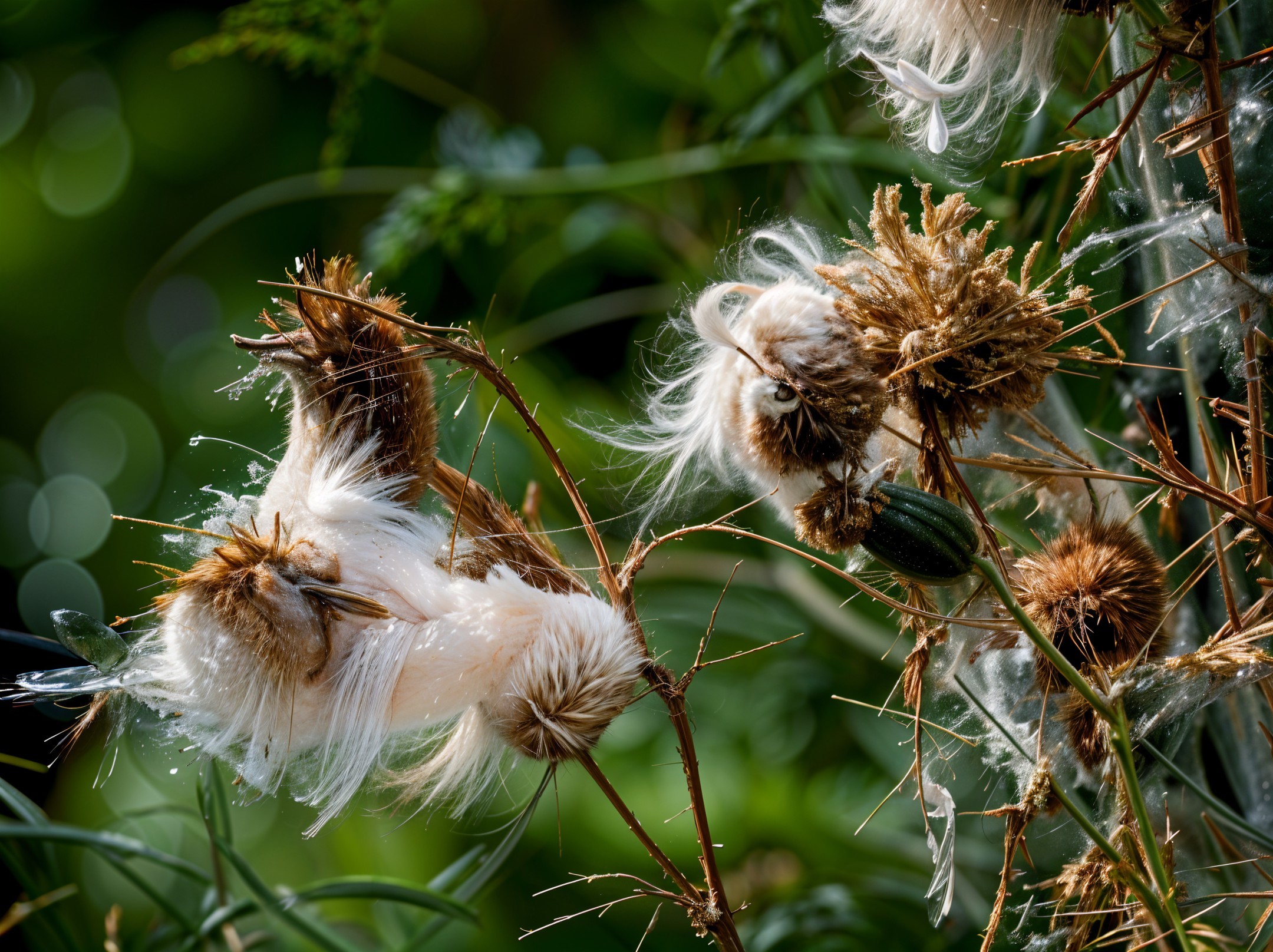 Delicate Seed Pods with Fibers and Water Droplets