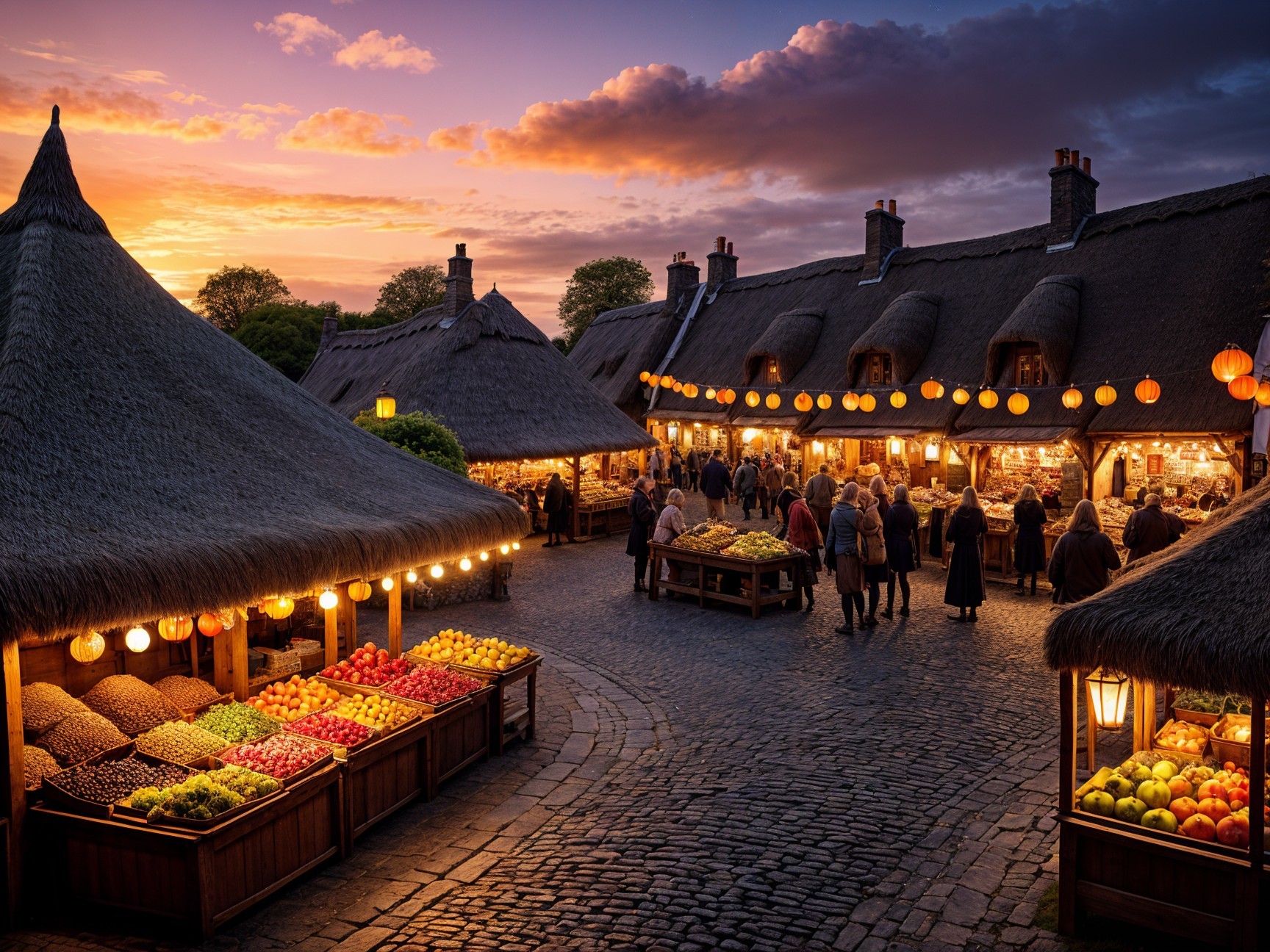 Charming Sunset Market with Vibrant Stalls and Atmosphere