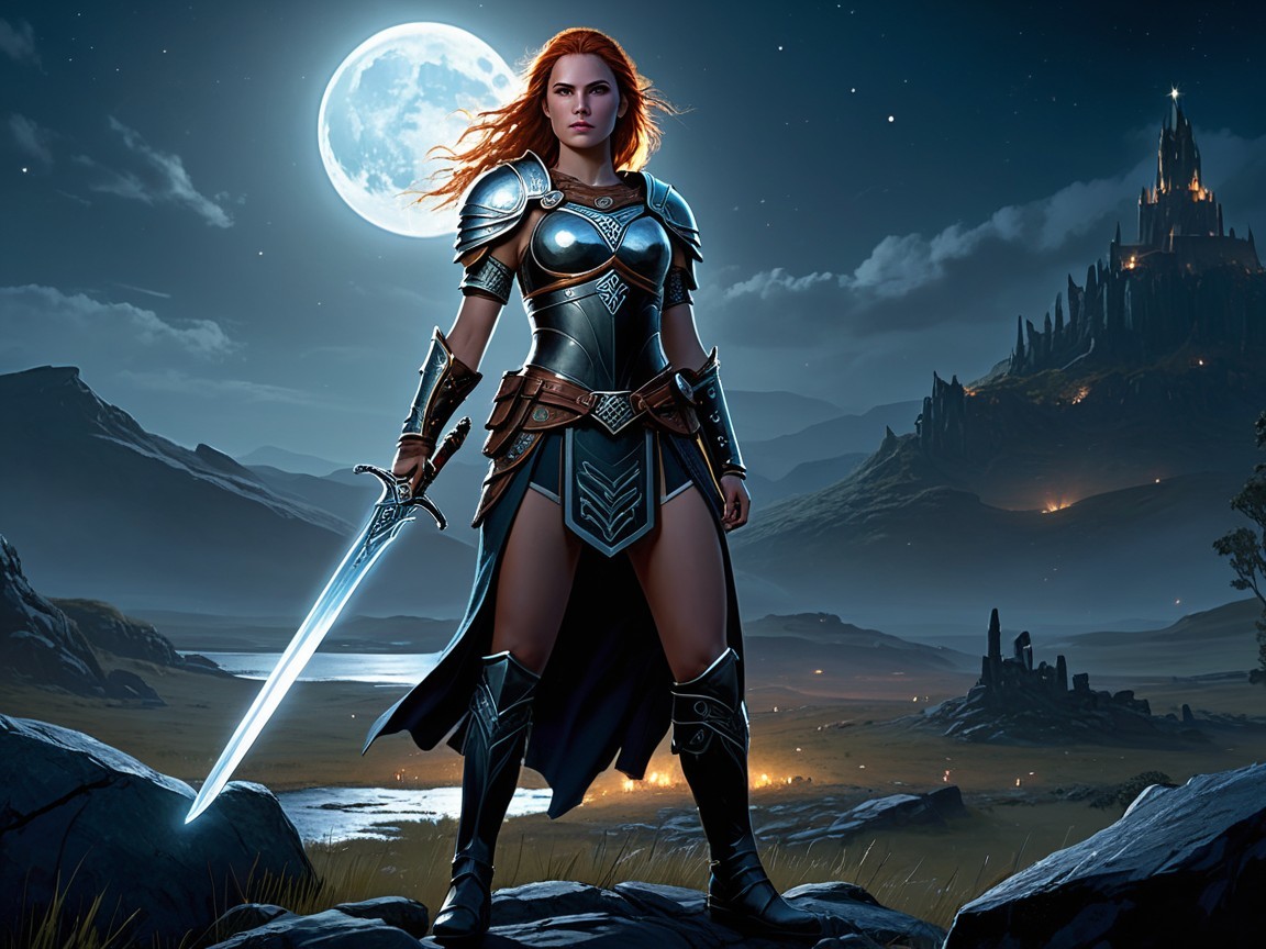 Fierce Warrior in Silver Armor Under Full Moon