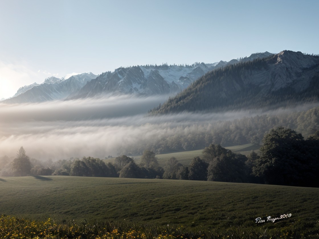Serene Mountain Landscape with Mist and Wildflowers