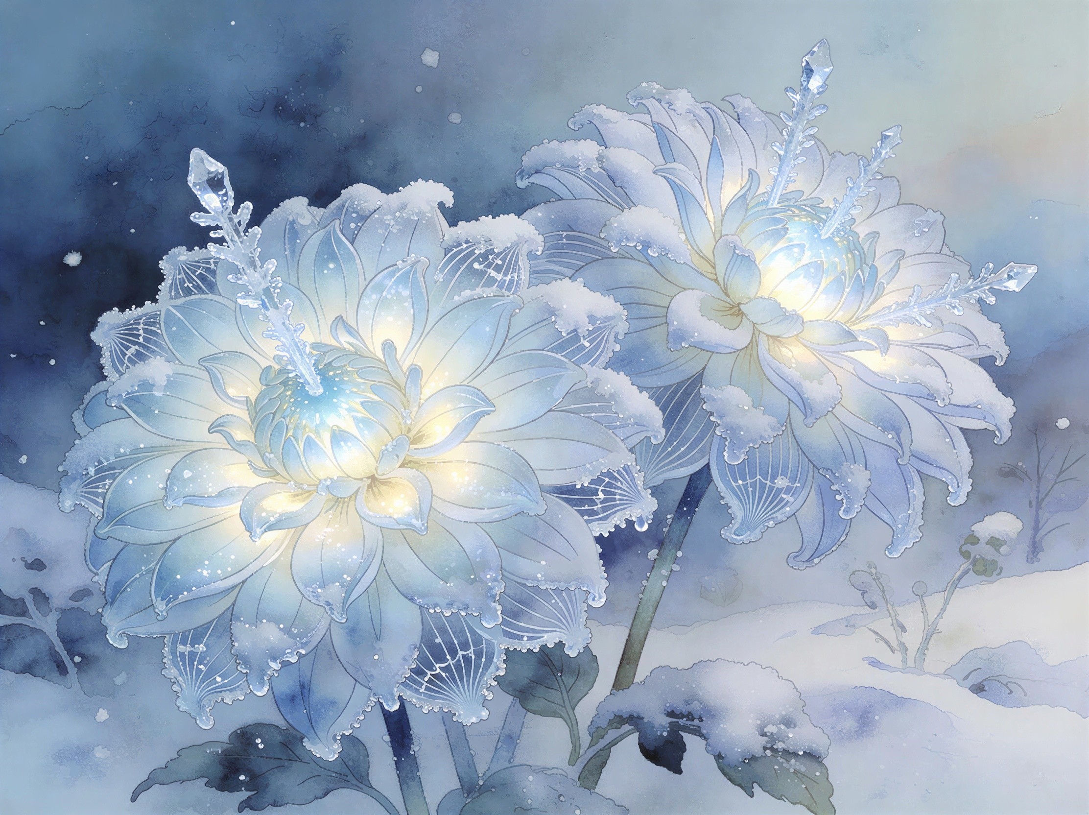 Glowing Blue and White Fantasy Flowers in Watercolor