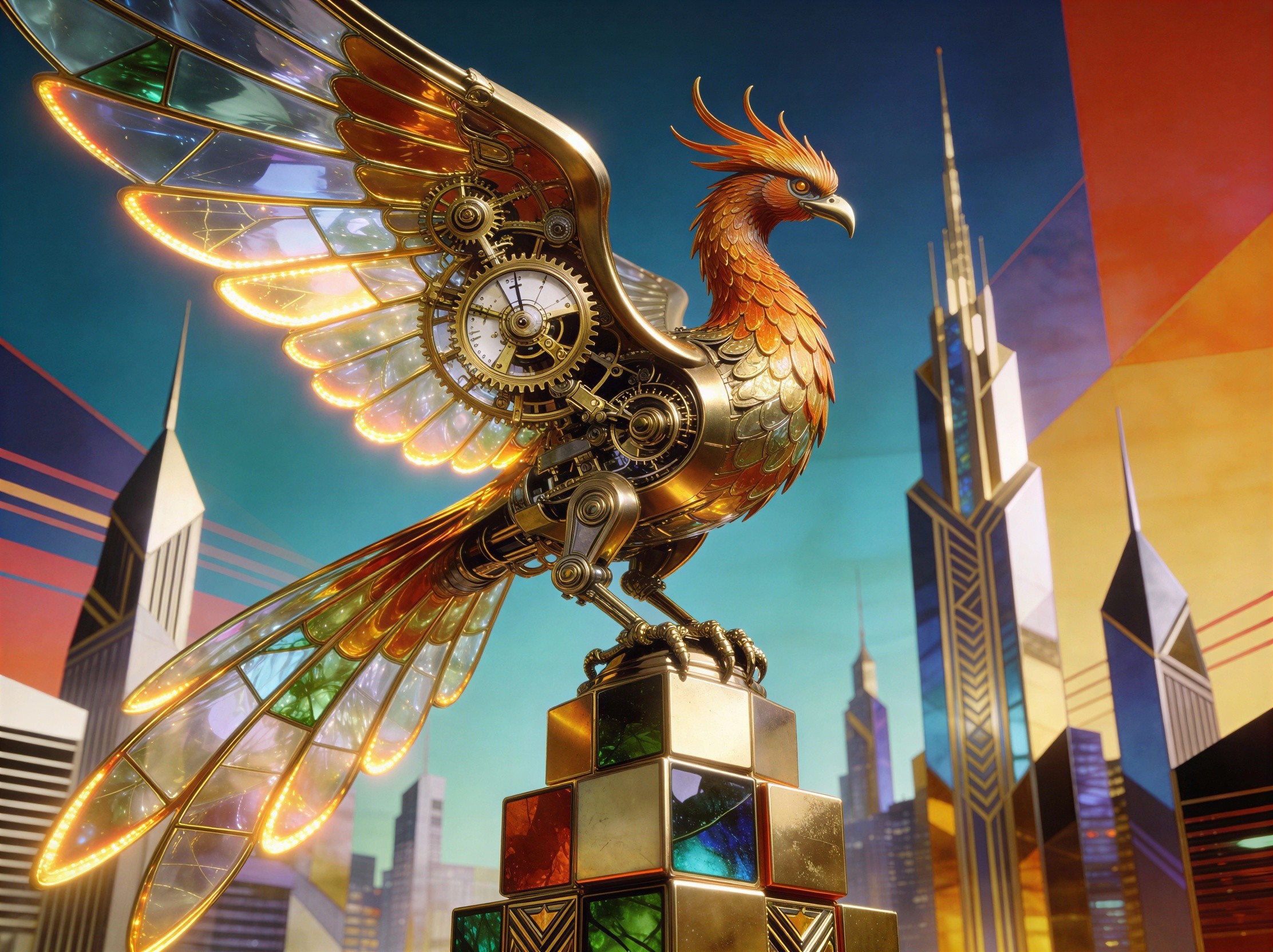 Detailed Golden Steampunk Phoenix with Clockwork Features