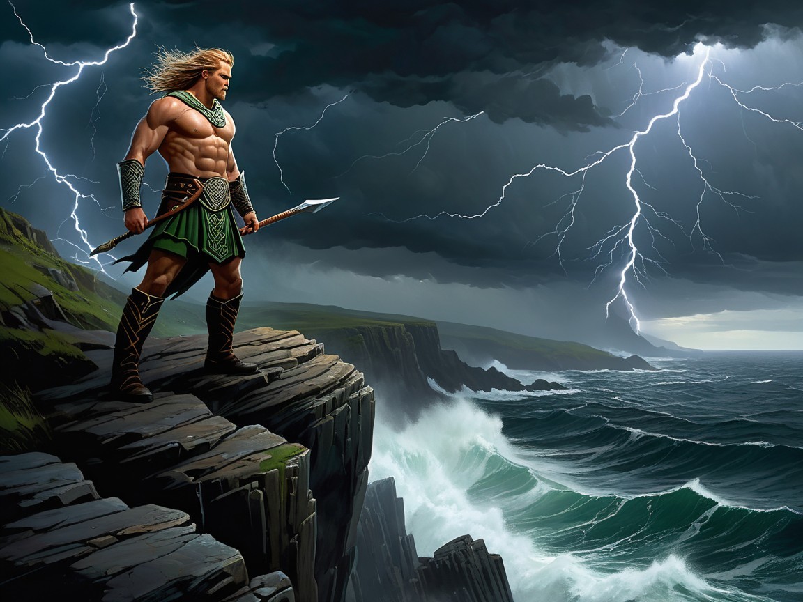 Muscular Warrior on Cliff with Stormy Ocean Waves