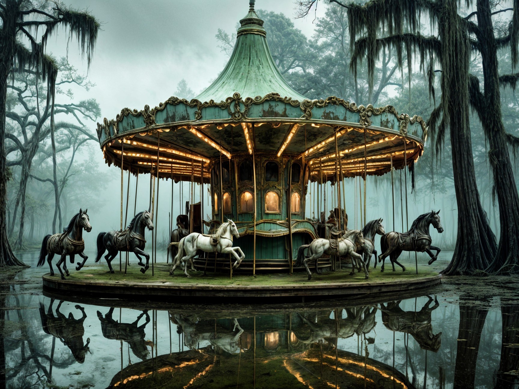 Vintage carousel in a misty enchanted landscape