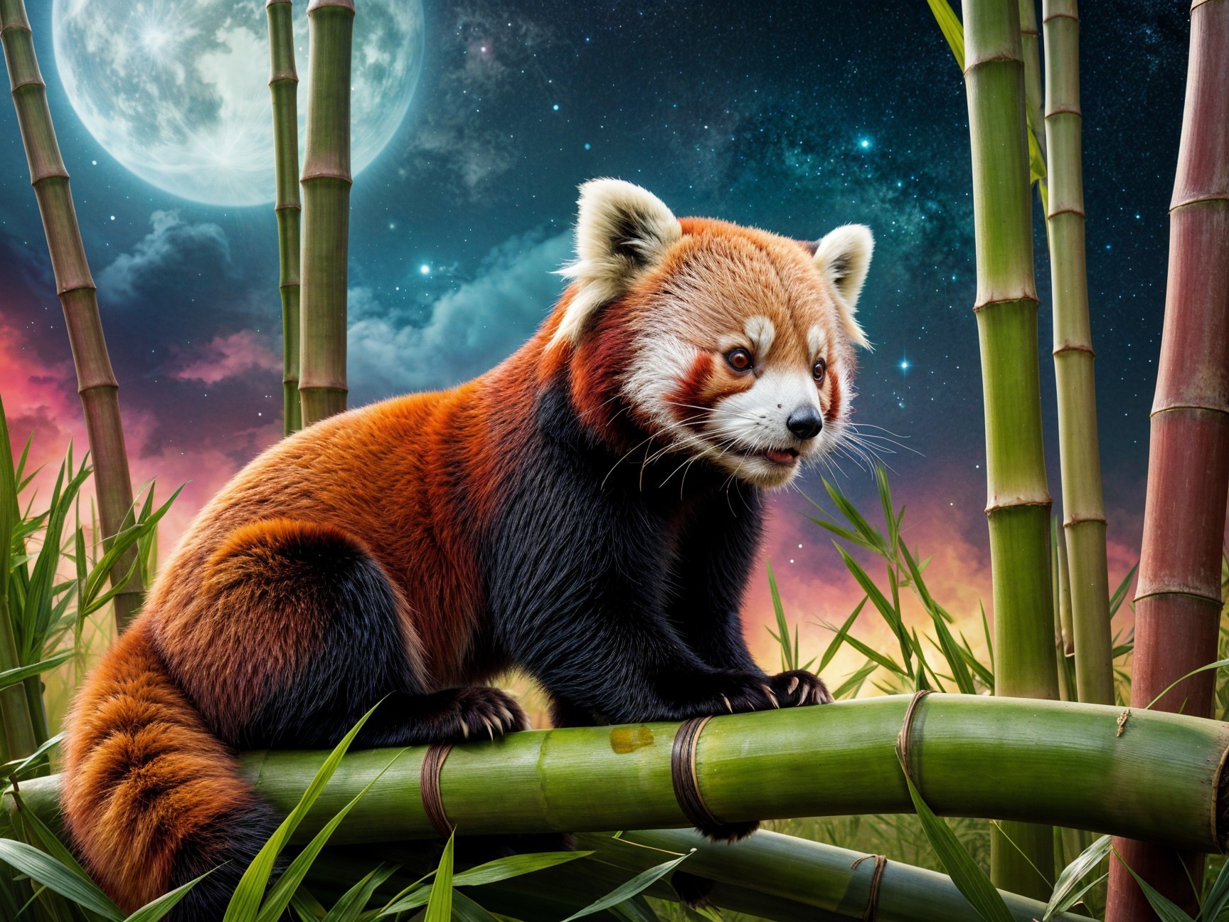 Red panda on bamboo under a starry moonlit sky