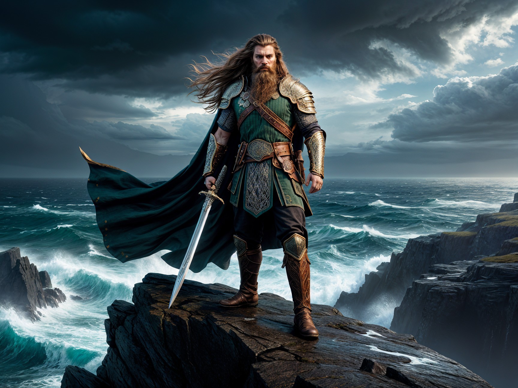 Majestic warrior on cliff with ocean backdrop and sword