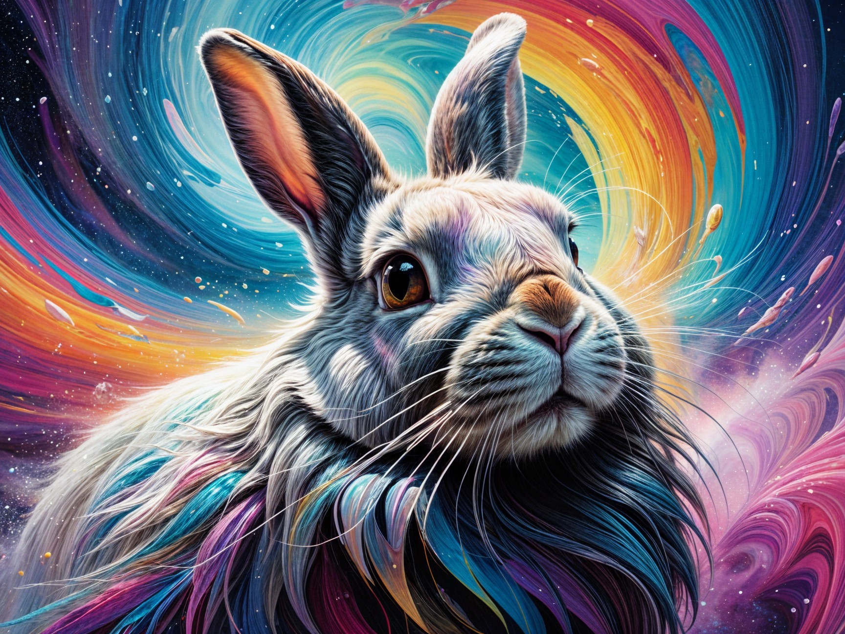 Colorful Rabbit Against Cosmic Background