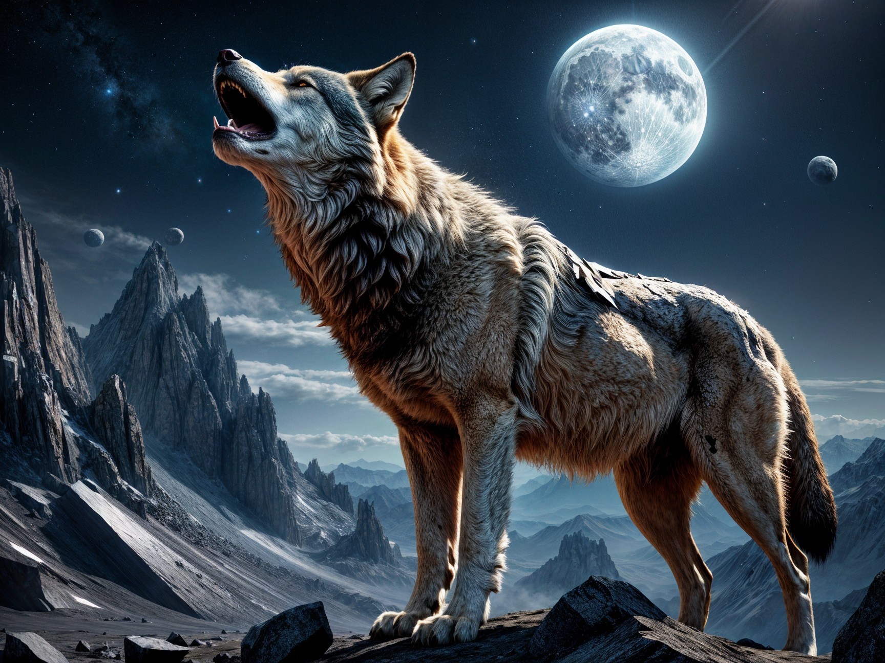 Wolf Howling at Moon in Surreal Rocky Landscape
