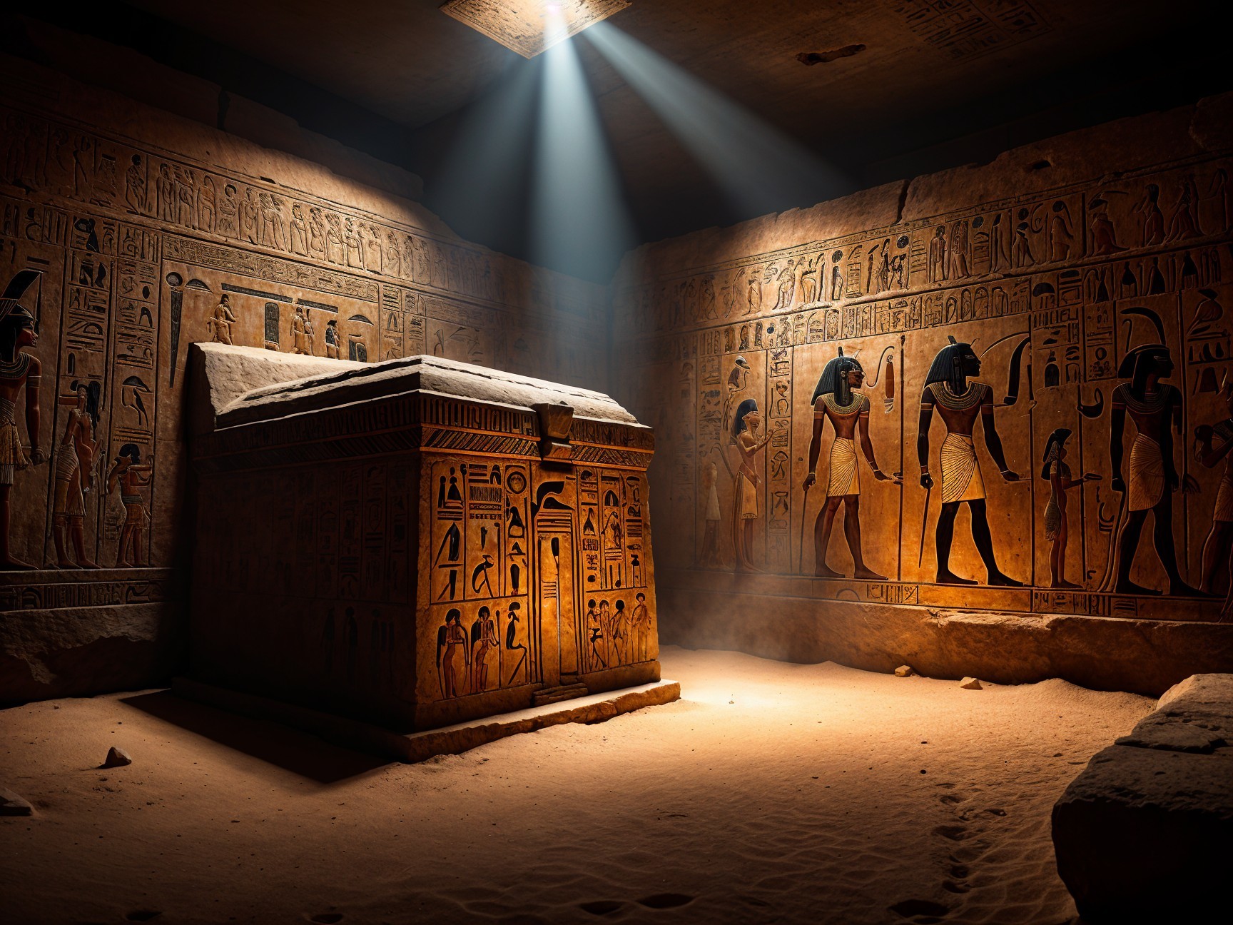 Ancient Egyptian Tomb with Hieroglyphs and Sarcophagus