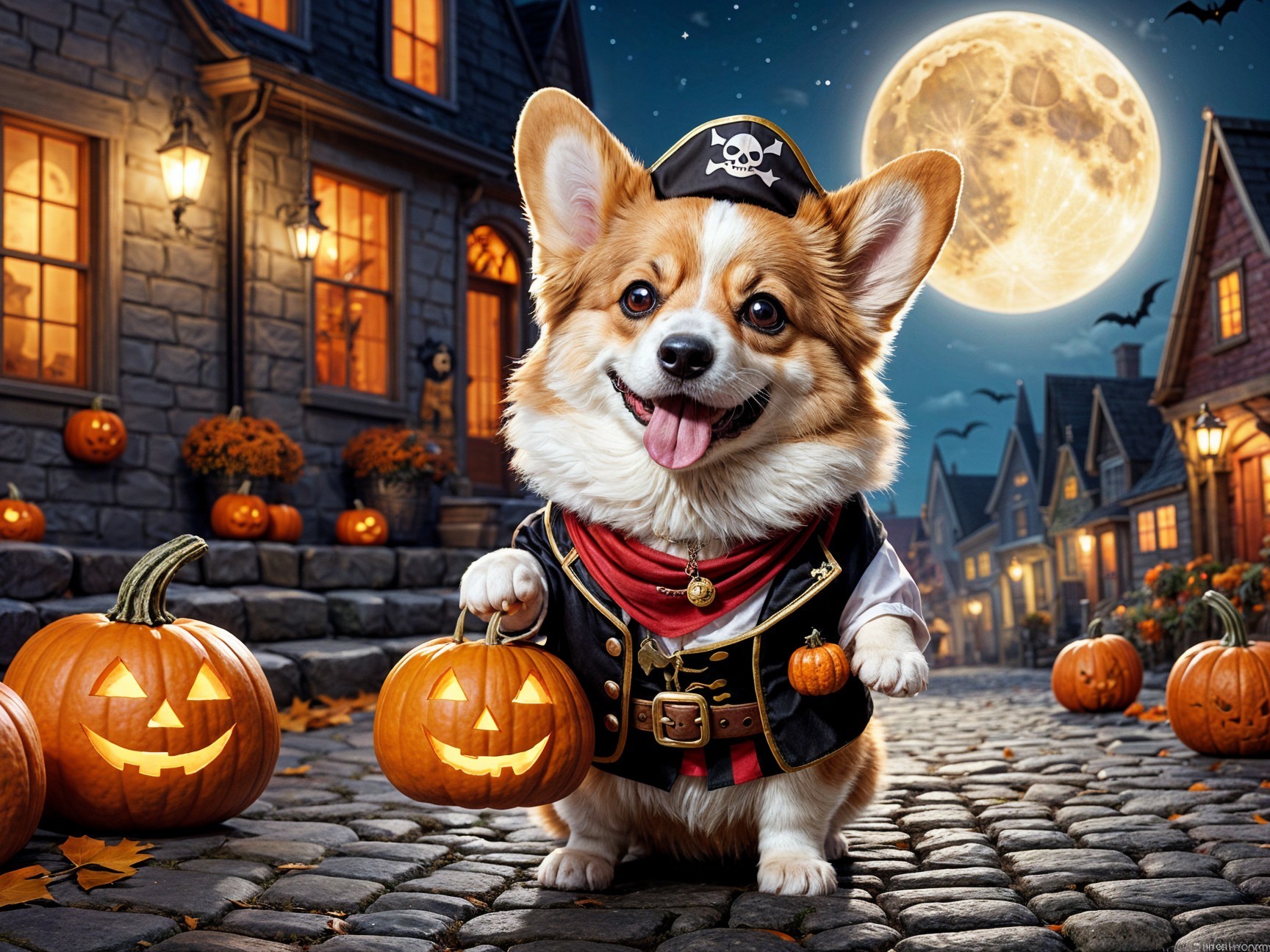 Corgi Pirate in Lantern-Lit Village with Pumpkins