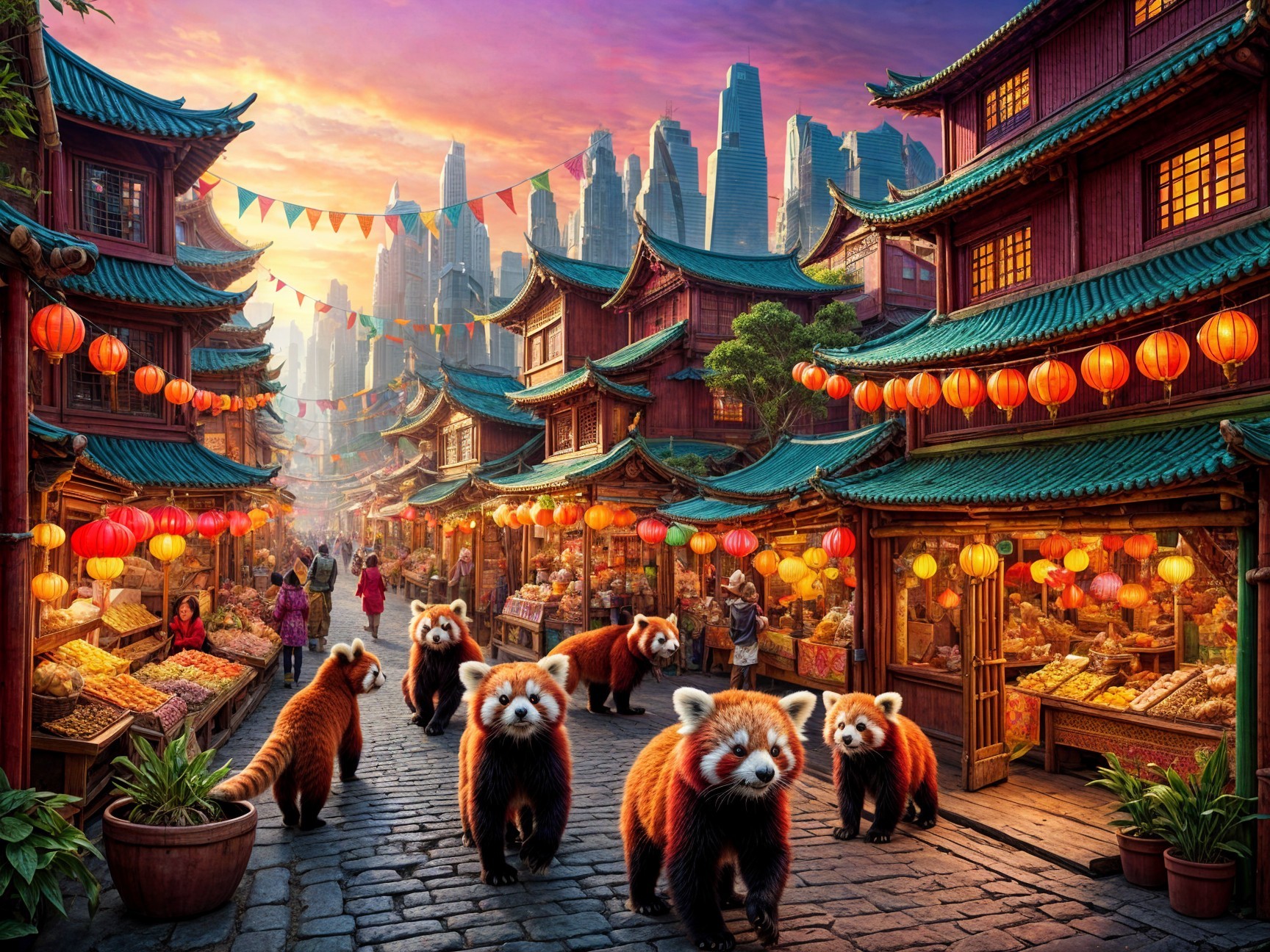 Vibrant Market Street with Red Pandas and Lanterns