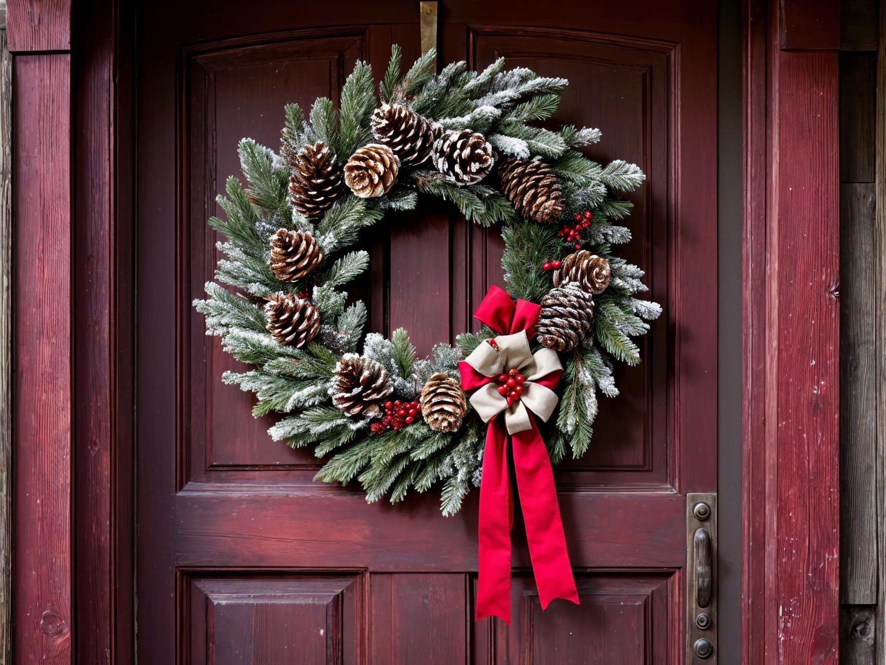 Festive Wreath on Rustic Wooden Door with Pinecones