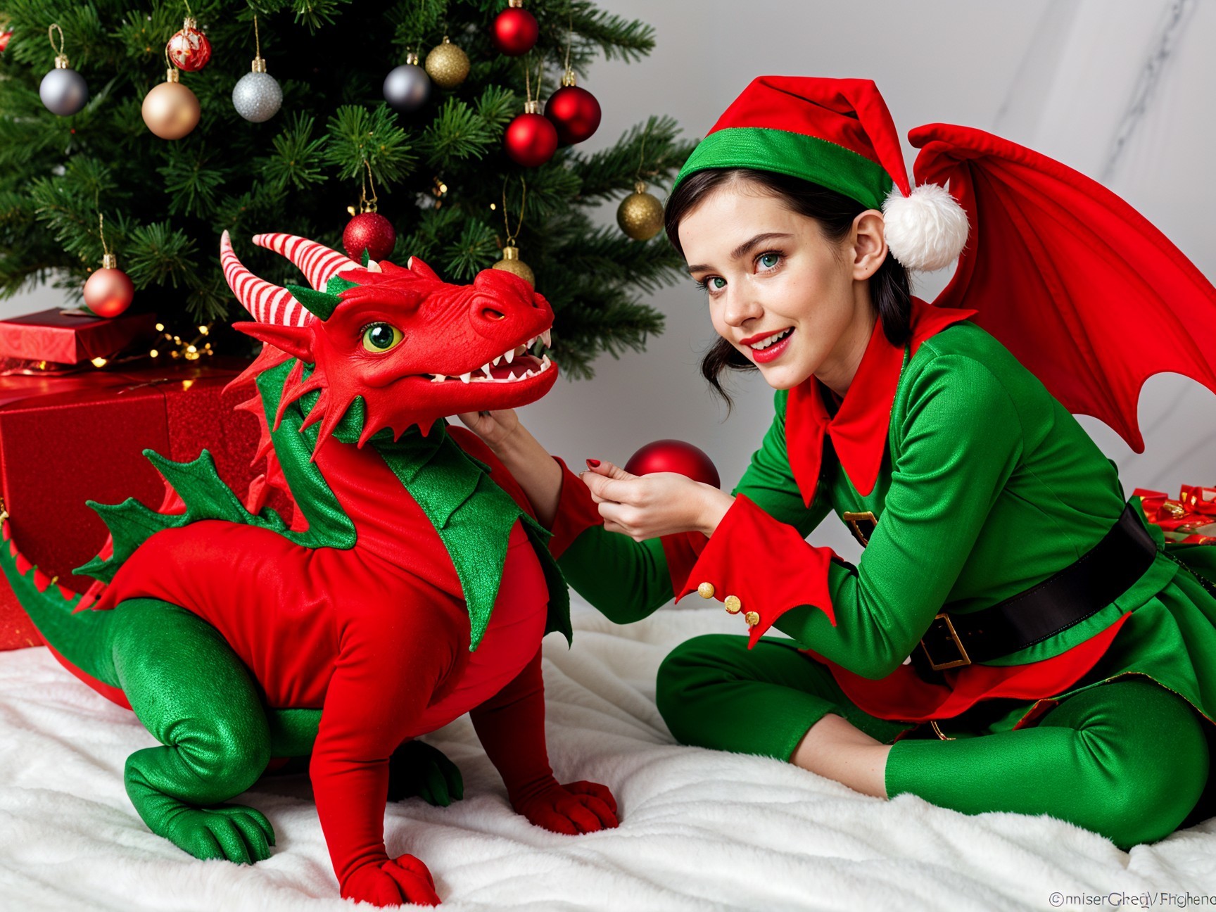 Cheerful Elf by Christmas Tree with Plush Dragon
