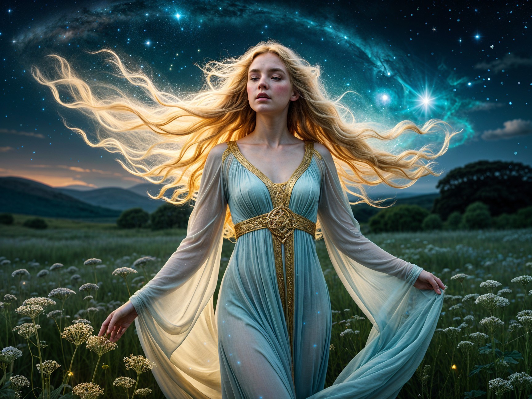 Mystical Woman in a Serene Meadow with Cosmic Glow