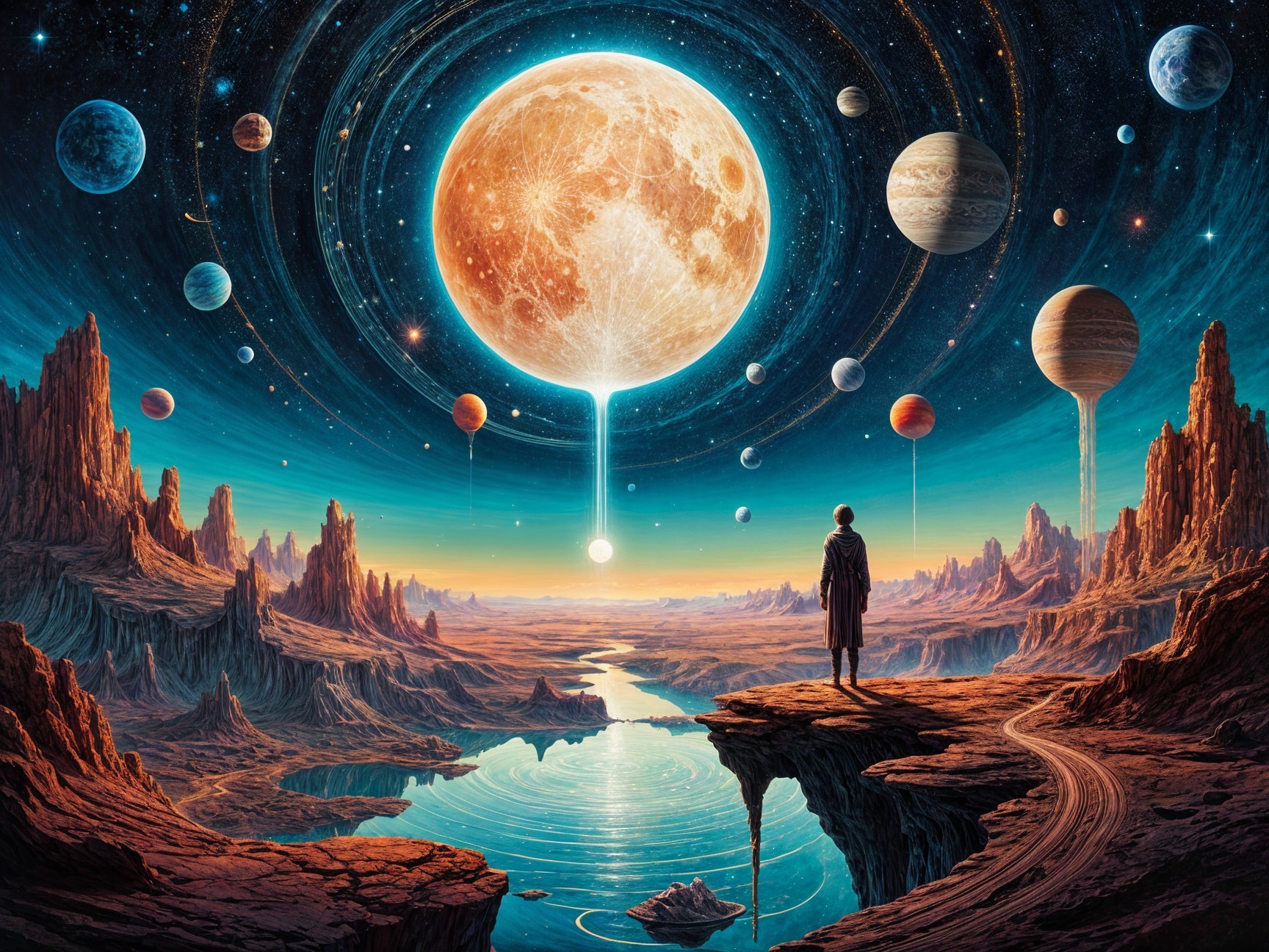 Cosmic Landscape with Figure, Moon, and Planets