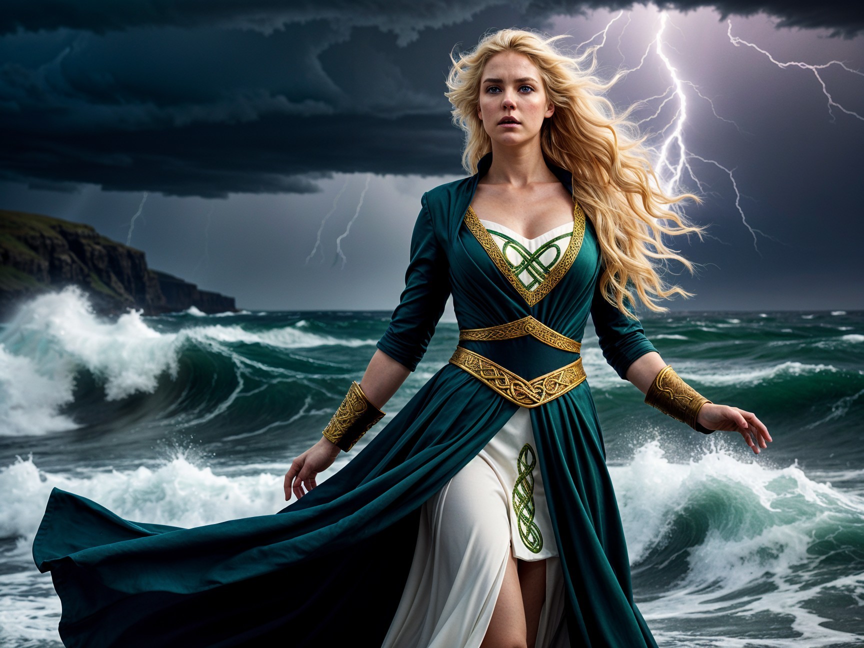 Figure in Regal Gown on Rocky Shore with Stormy Sky