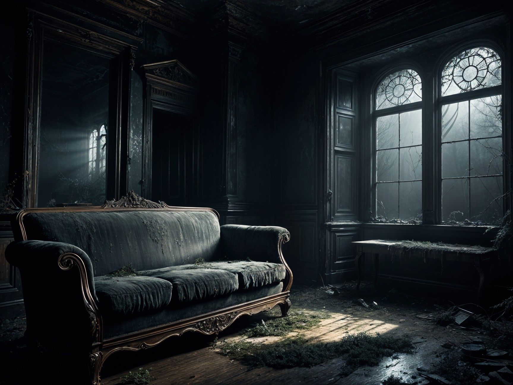 Abandoned Room with Dusty Sofa and Sunlight Effects