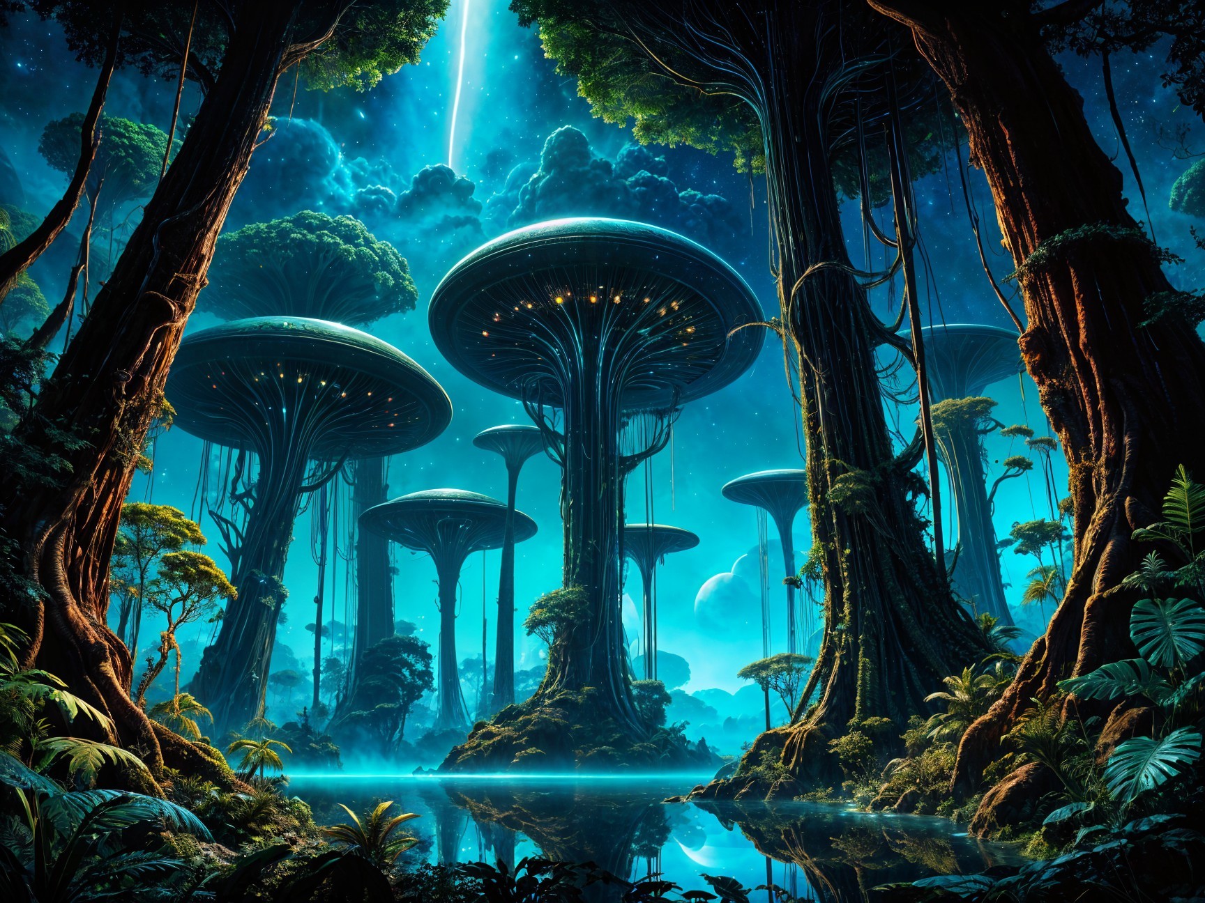 Bioluminescent Forest with Serene Reflective Lake