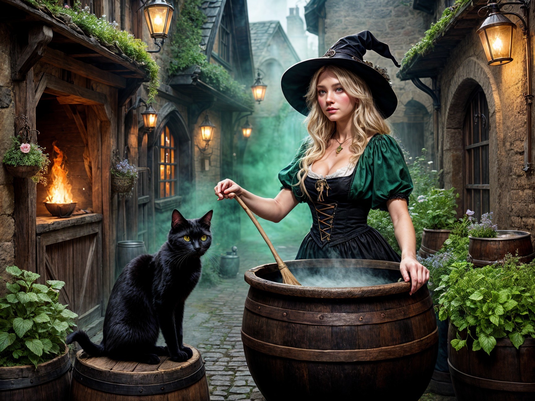 Mysterious Witch in Foggy Village with Cauldron and Cat