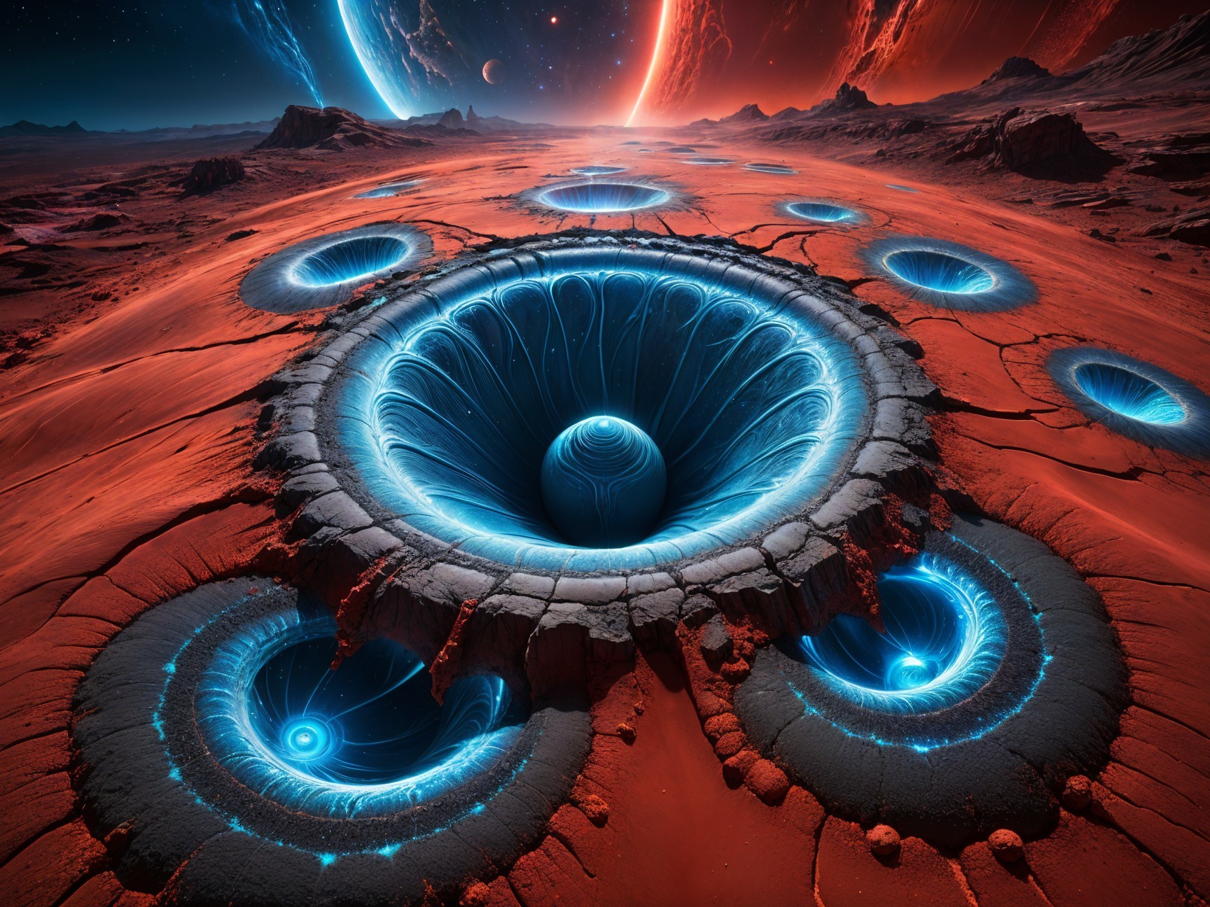 Surreal Alien Landscape with Glowing Blue Craters