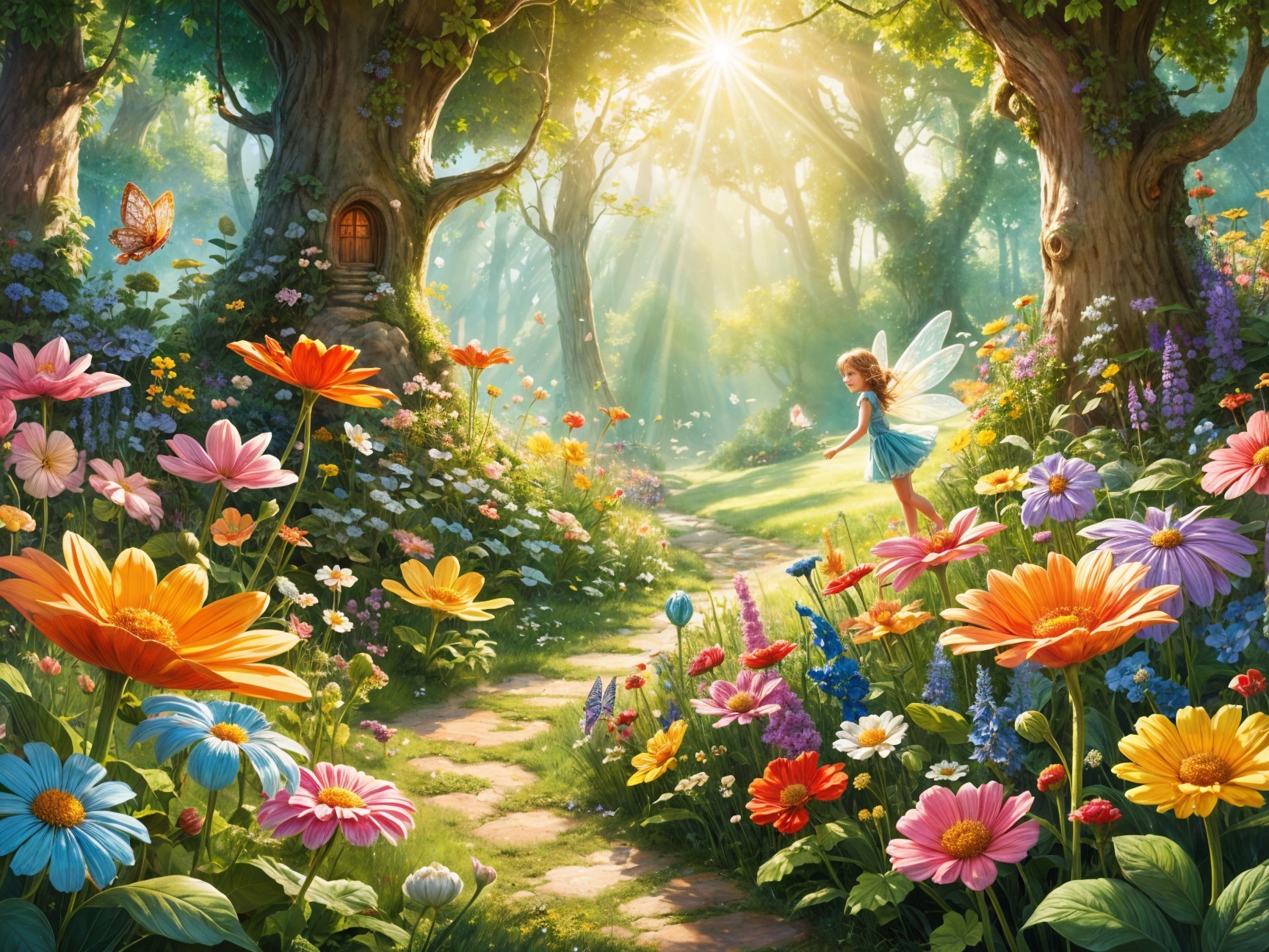 Fairy Dancing in a Colorful Flower-Filled Forest