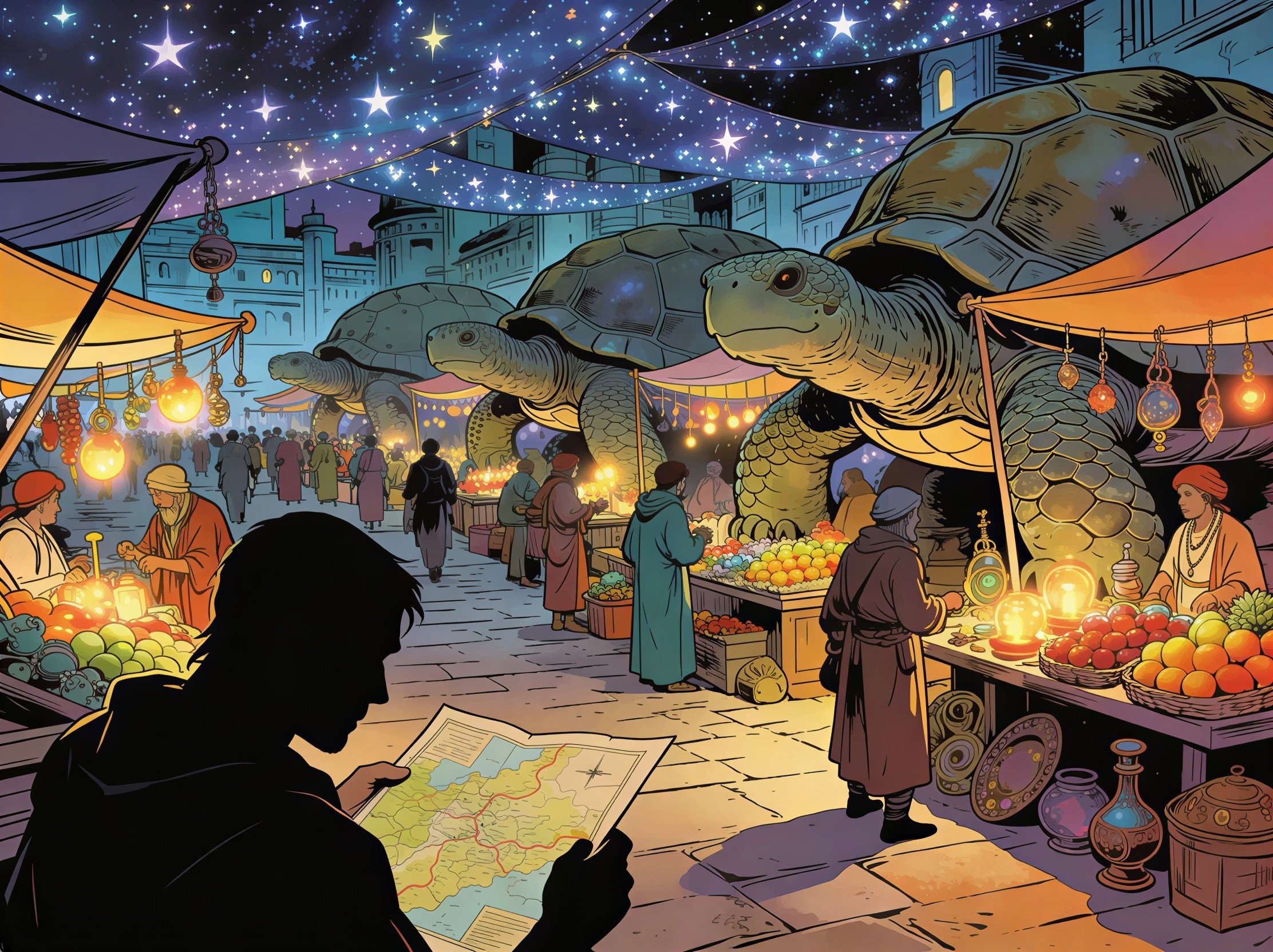 Outdoor Night Market with Giant Turtle Stalls