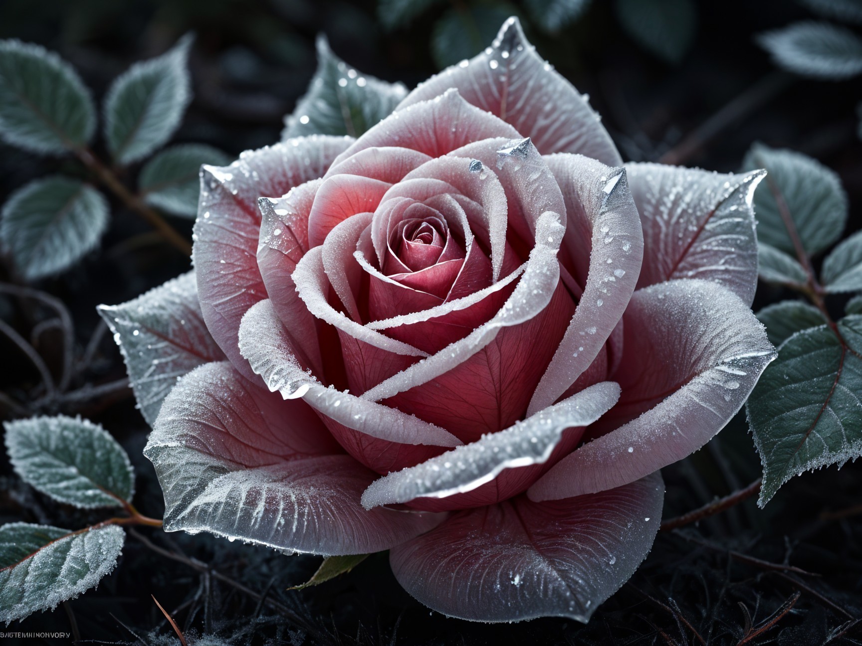 Pink Rose with Frost and Green Leaves on Dark Background