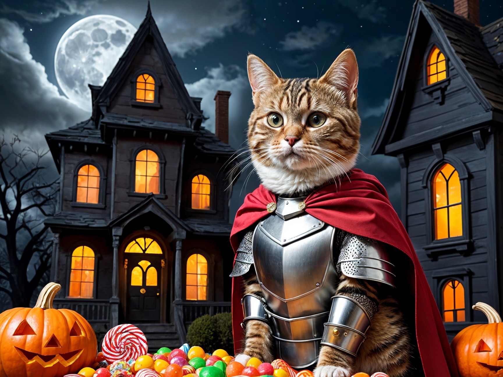 Heroic Cat in Armor on Candy Pile with Halloween Decor