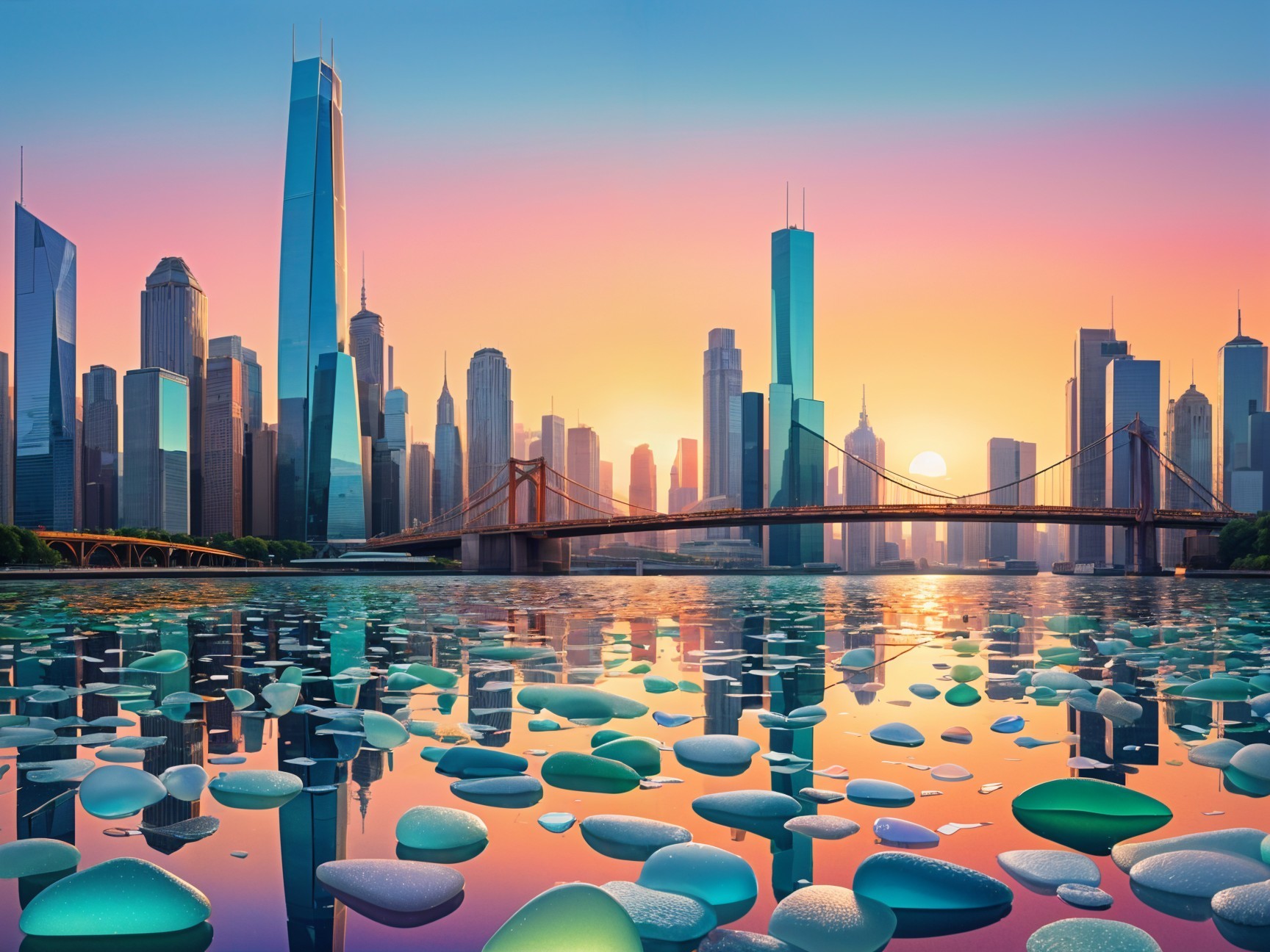 City Skyline at Sunset with Colorful Stones on Water