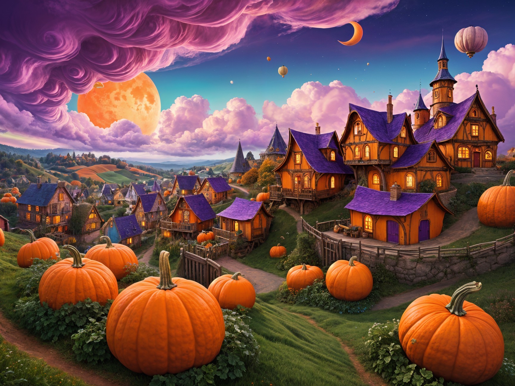 Twilight Village with Purple Rooftops and Pumpkins