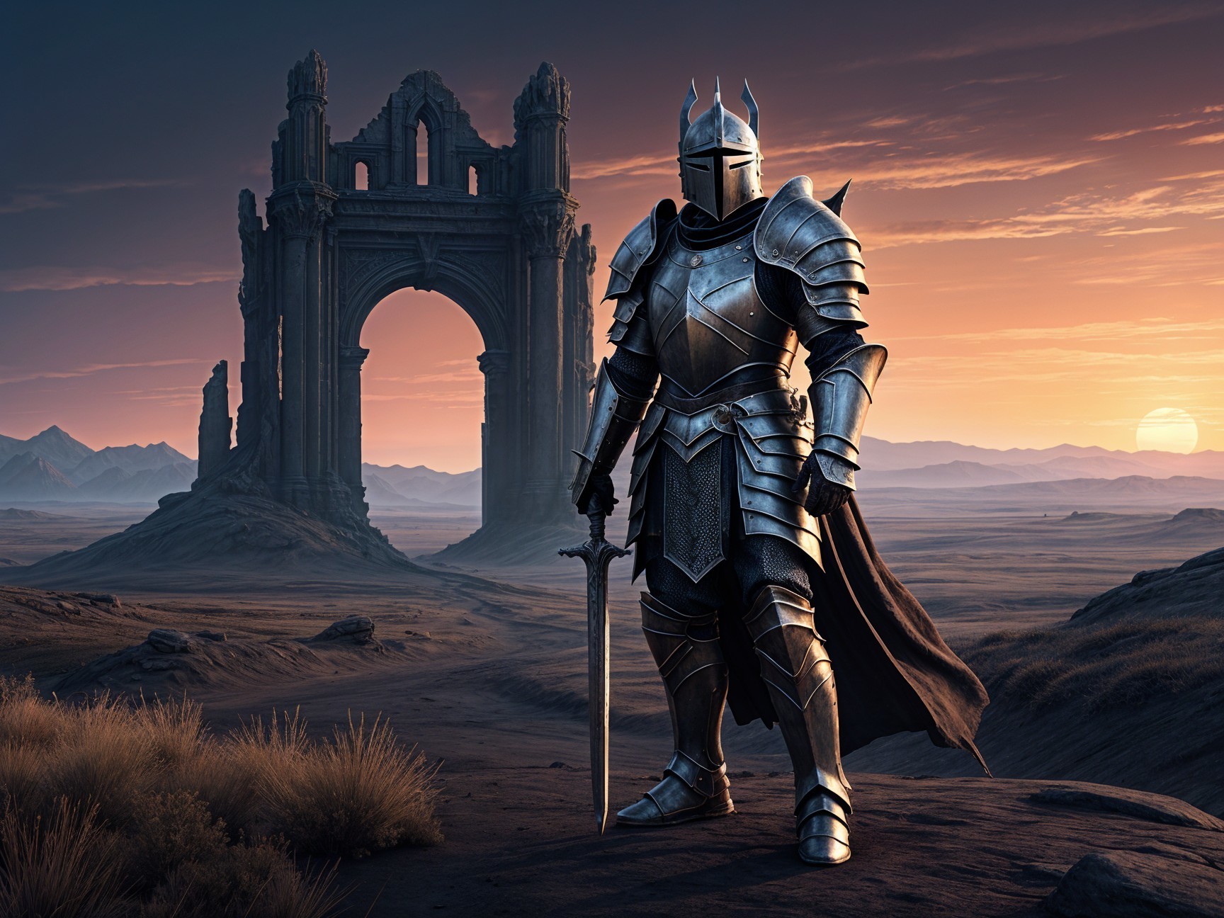 Lone Knight in Armor Against Dramatic Sunset Landscape