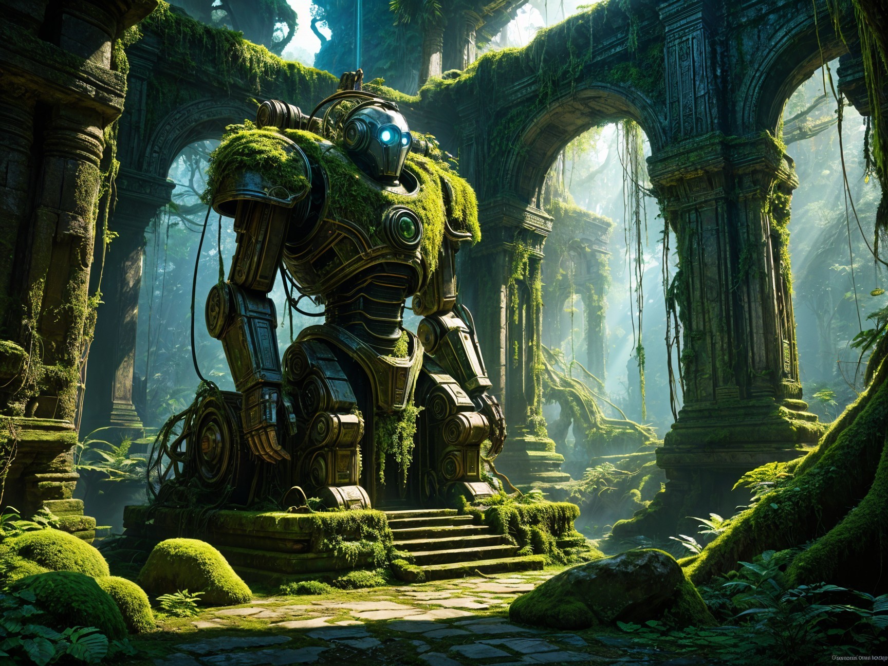 Moss-Covered Robot in Ancient Overgrown Temple
