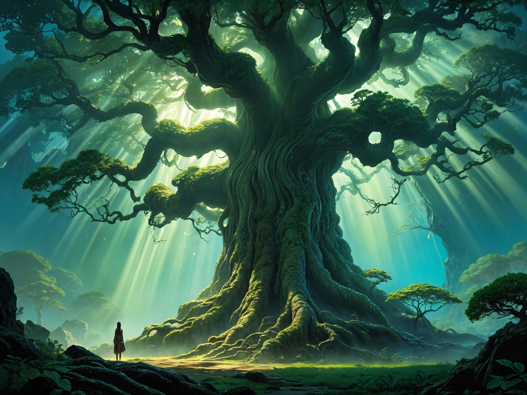 Ancient Tree in a Magical Forest with Ethereal Light