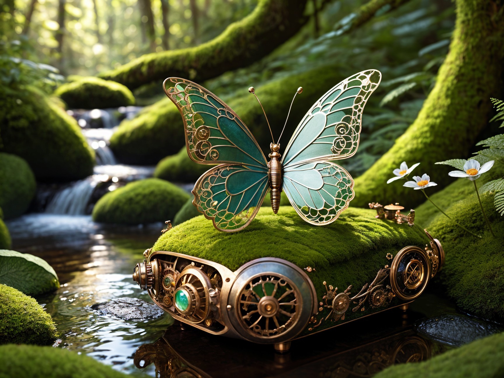 Intricate Butterfly on Steampunk Box in Forest Setting