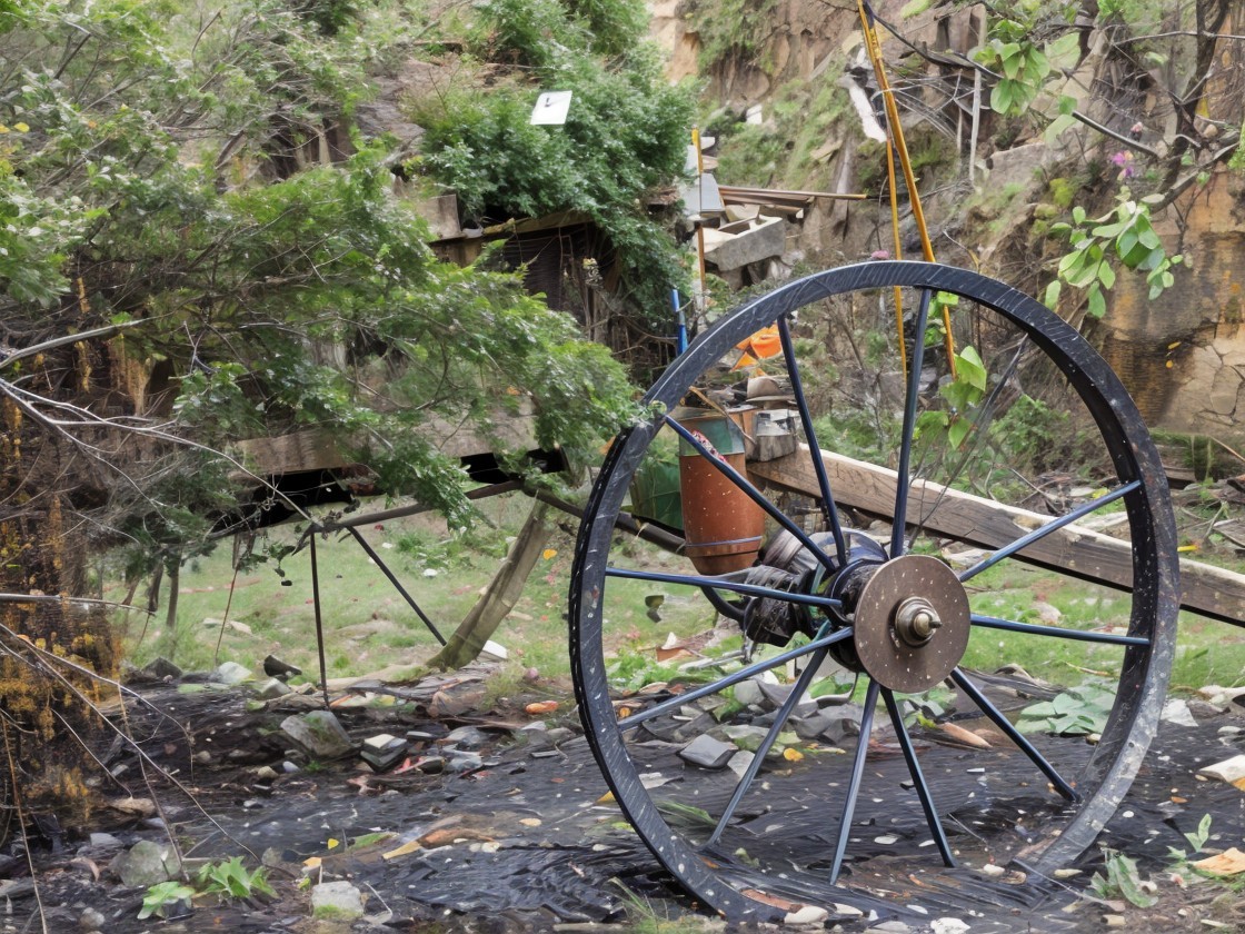 Weathered Wagon Wheel Amidst Overgrown Vegetation