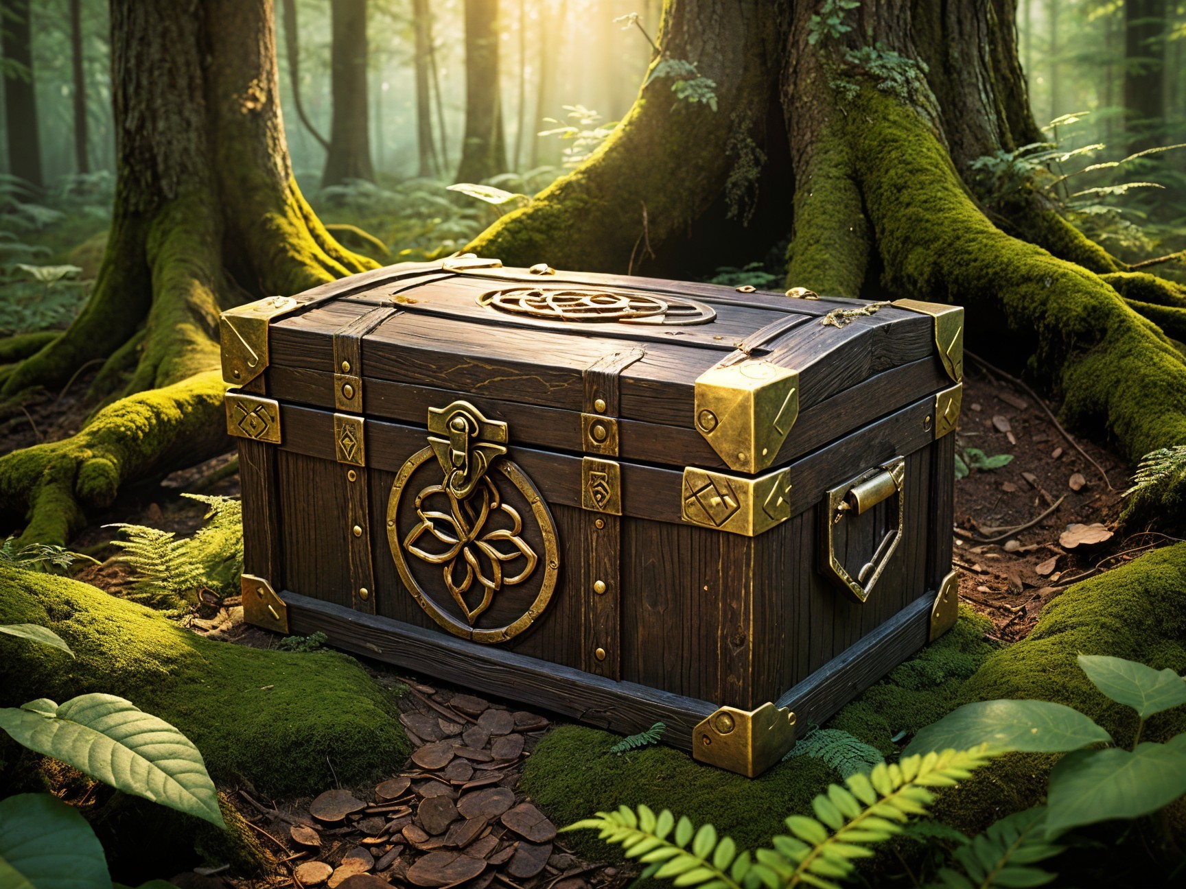 Wooden treasure chest with brass fittings in forest setting