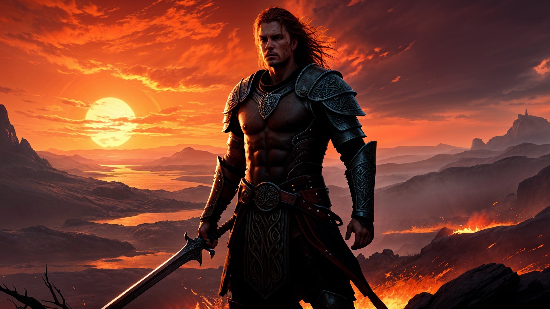 Muscular Warrior in Intricate Armor Against Sunset
