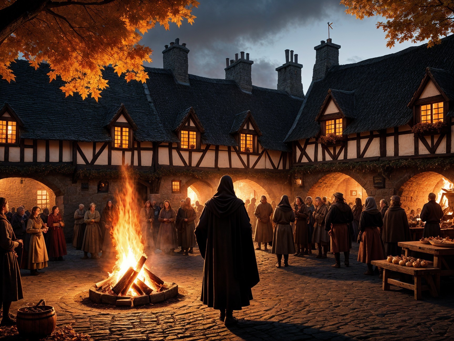 Bonfire Gathering in a Medieval Village Square at Dusk