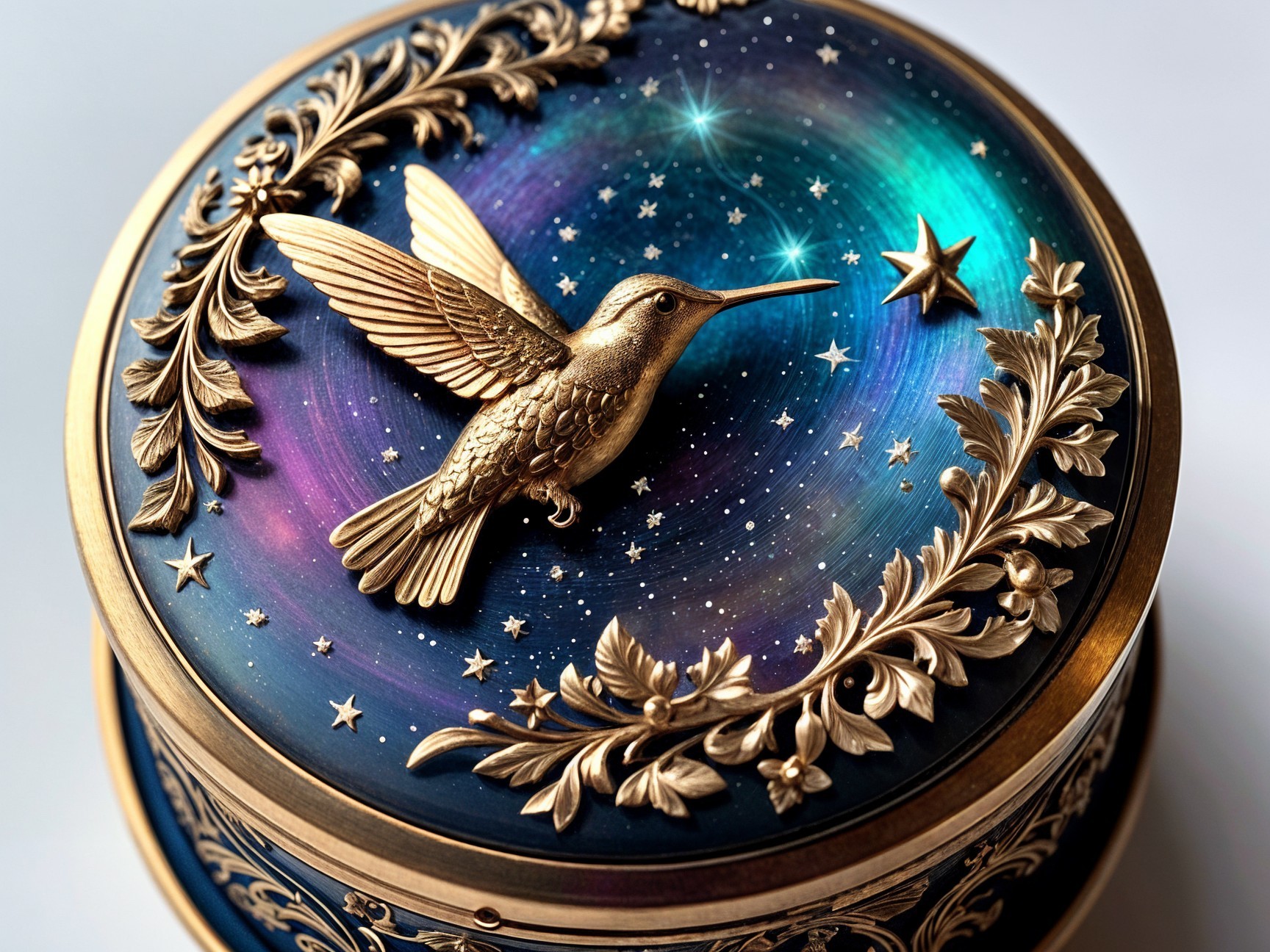 Intricate Round Box with Hummingbird and Floral Design