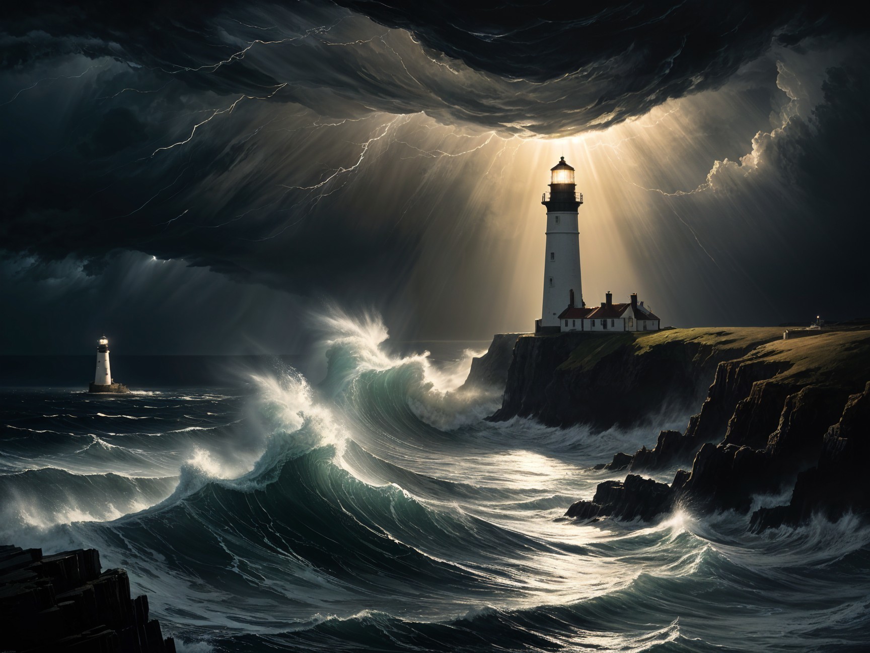 Dramatic Seascape with Lighthouses and Turbulent Waves