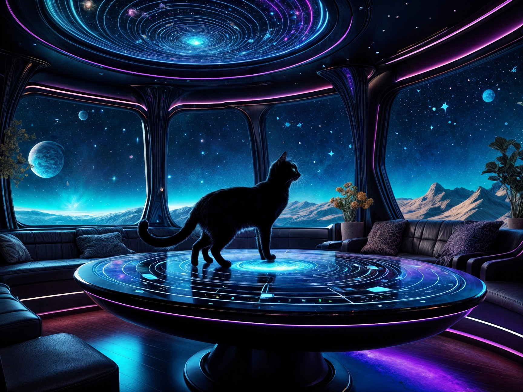 Black Cat on Futuristic Table with Cosmic Background