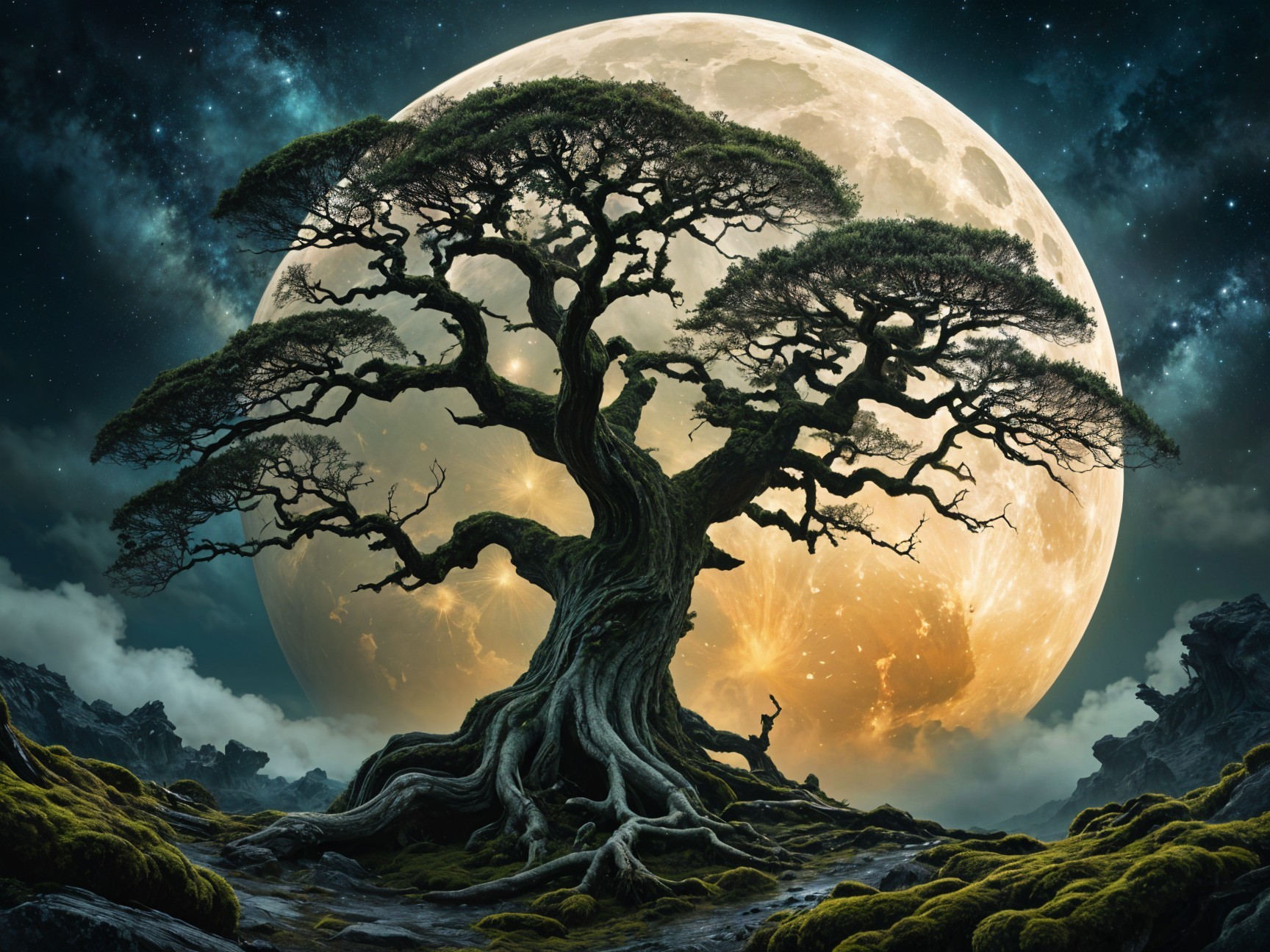 Ancient tree under a full moon and starry sky