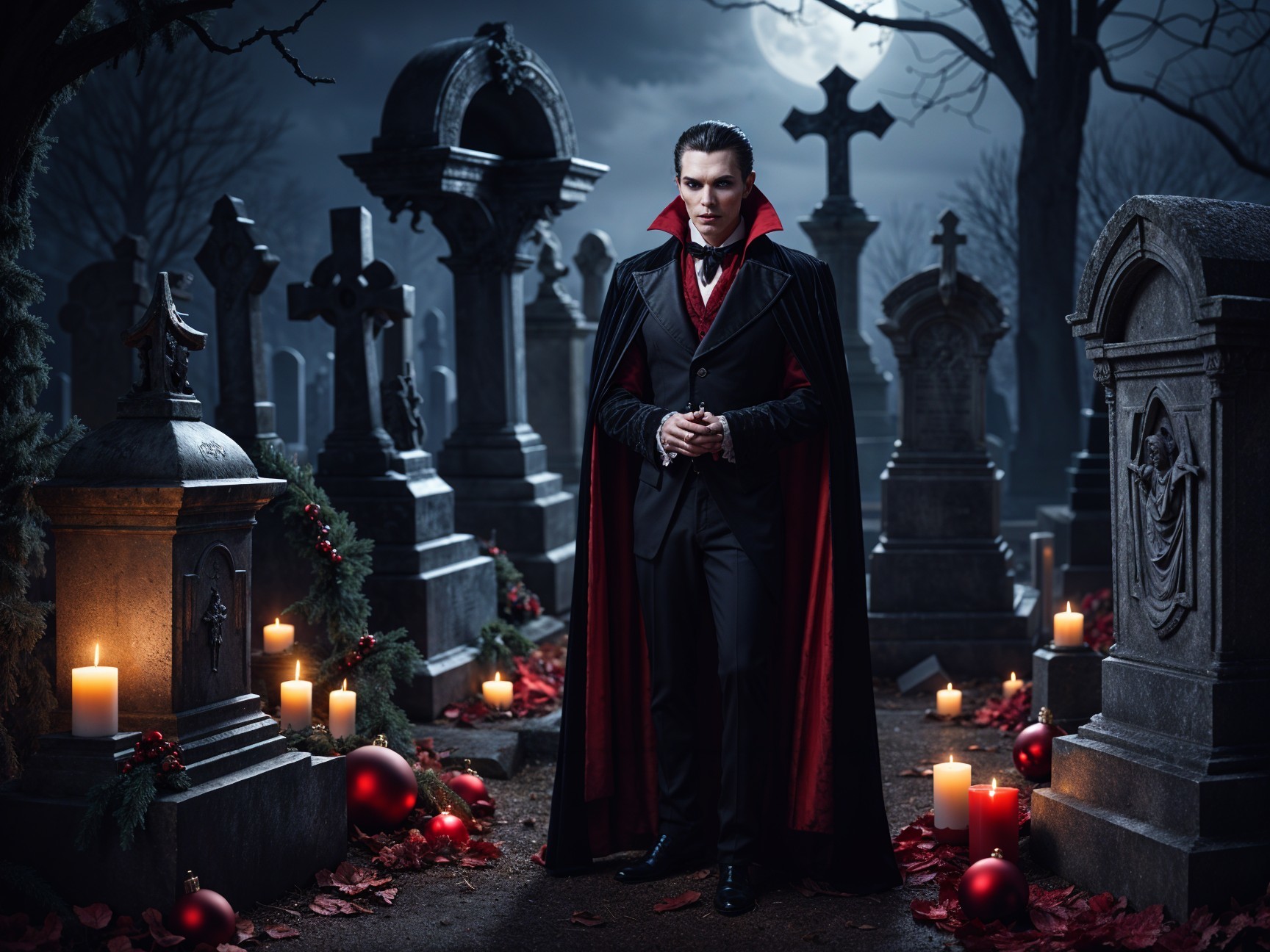 Vampire Figure in Candlelit Graveyard at Night