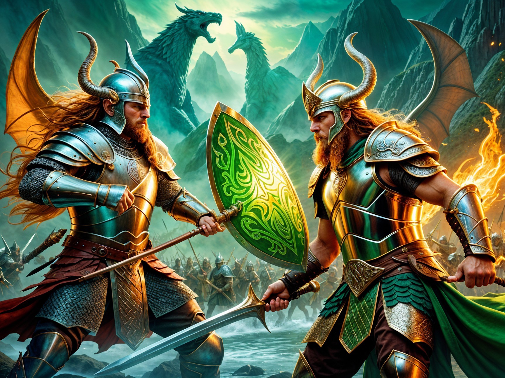 Armored Warriors in Epic Battle with Dragons Above