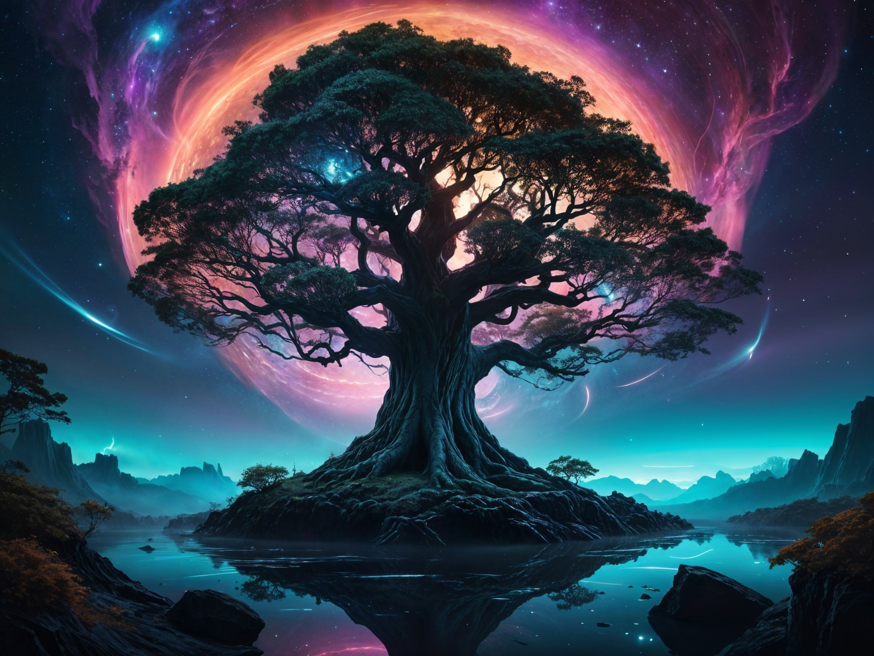Majestic Tree at Tranquil Lake Under Vibrant Galaxy